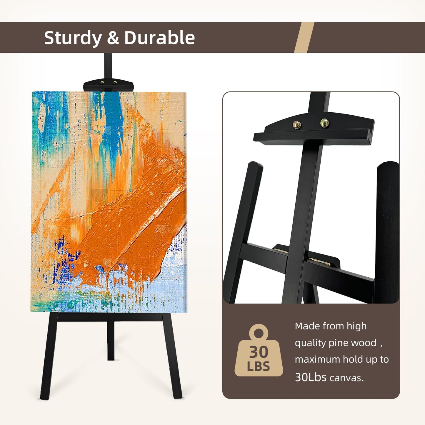 Stuelloaf Adjustable Black Wooden Painting Easel, Pine Art Easel Stand Hold up to 43'', Painting Canvas for Wedding Sign and Poster, Drawing for Adults, Begginners and Students, Black