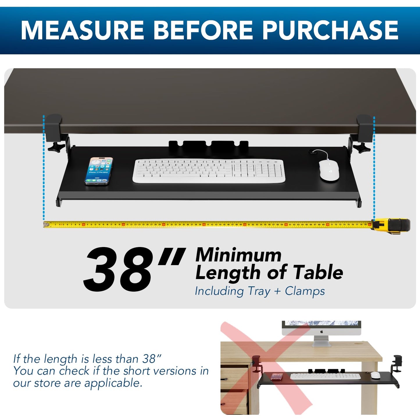 AX WABER Keyboard Tray Under Desk Pull Out with Extra Sturdy Adjustable C Clamp Mount System, 27.3 (32.5 inch Including Clamps) x 11 Inch Slide-Out Platform Computer Drawer for Typing