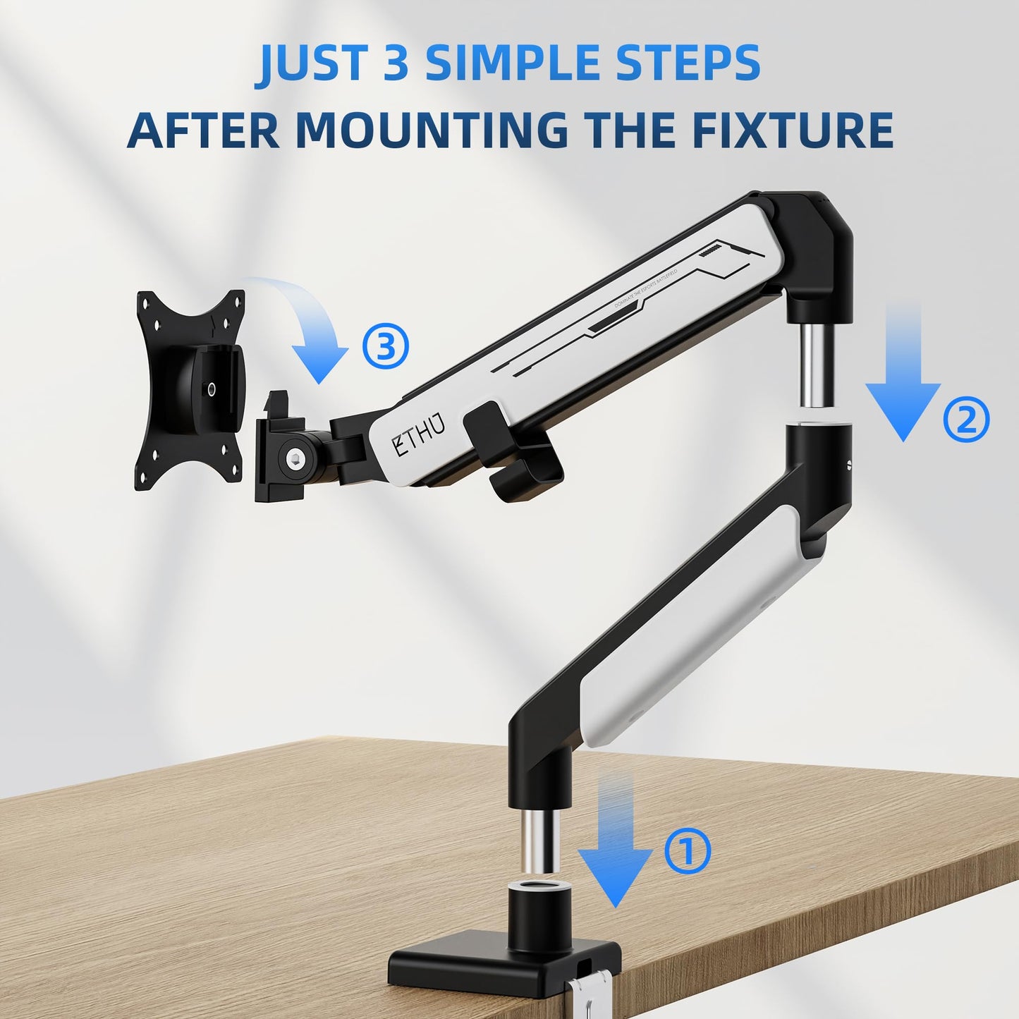 ETHU Premium Single Monitor Arm, Heavy Duty Monitor Mount with Gas Spring, VESA Monitor Arm for 17-40 inch Screens up to 30.8lbs, Full Motion Adjustable Monitor Stand for Office & Home, Black & White