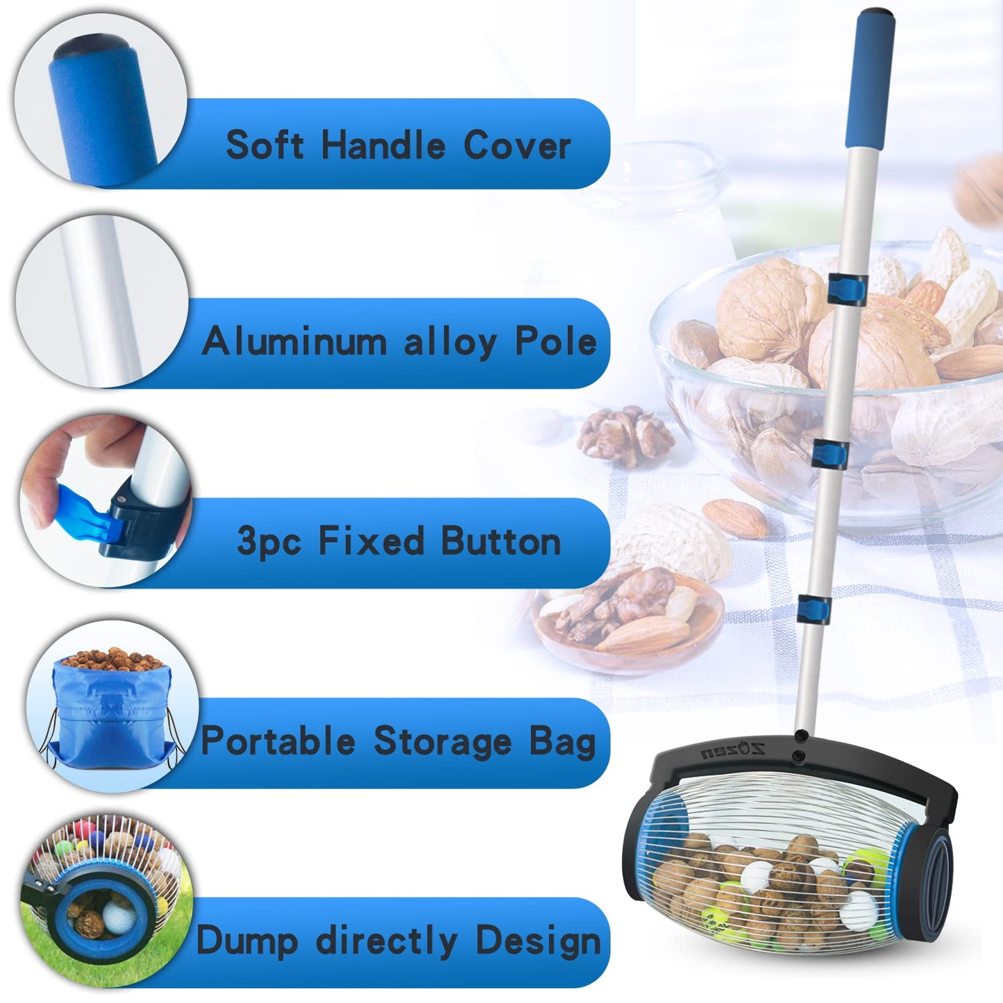zozen Nut Gatherer,Walnut Picker Upper,Side Opening Dump,Pecan Picker Upper,Apply to Hickory Nuts,Spiked Balls,Chestnuts,Nerf Darts,Golf,Objects 1'' to 2-1/2''; 55inch,1.5 Gallon (Large) Blue