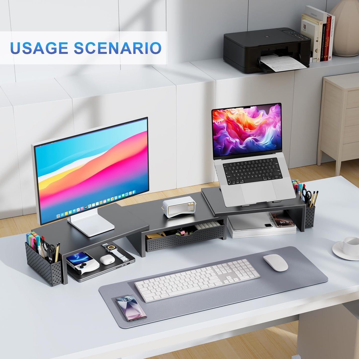 Oillase Dual Monitor Stand Riser, Desk Organizer With Drawer and 2 Pen Holders, Computer Monitor Stand, Shelf for Top of Desk, Black