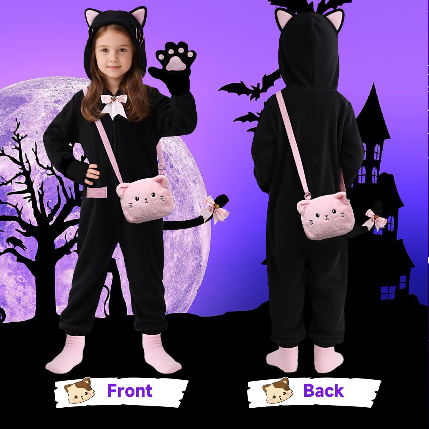 ANPHILE Kids Cat Costumes for Girls, Black Cat Costume for Girl with Cute Kitty Purse Bag, Halloween Costumes for Girls Kids