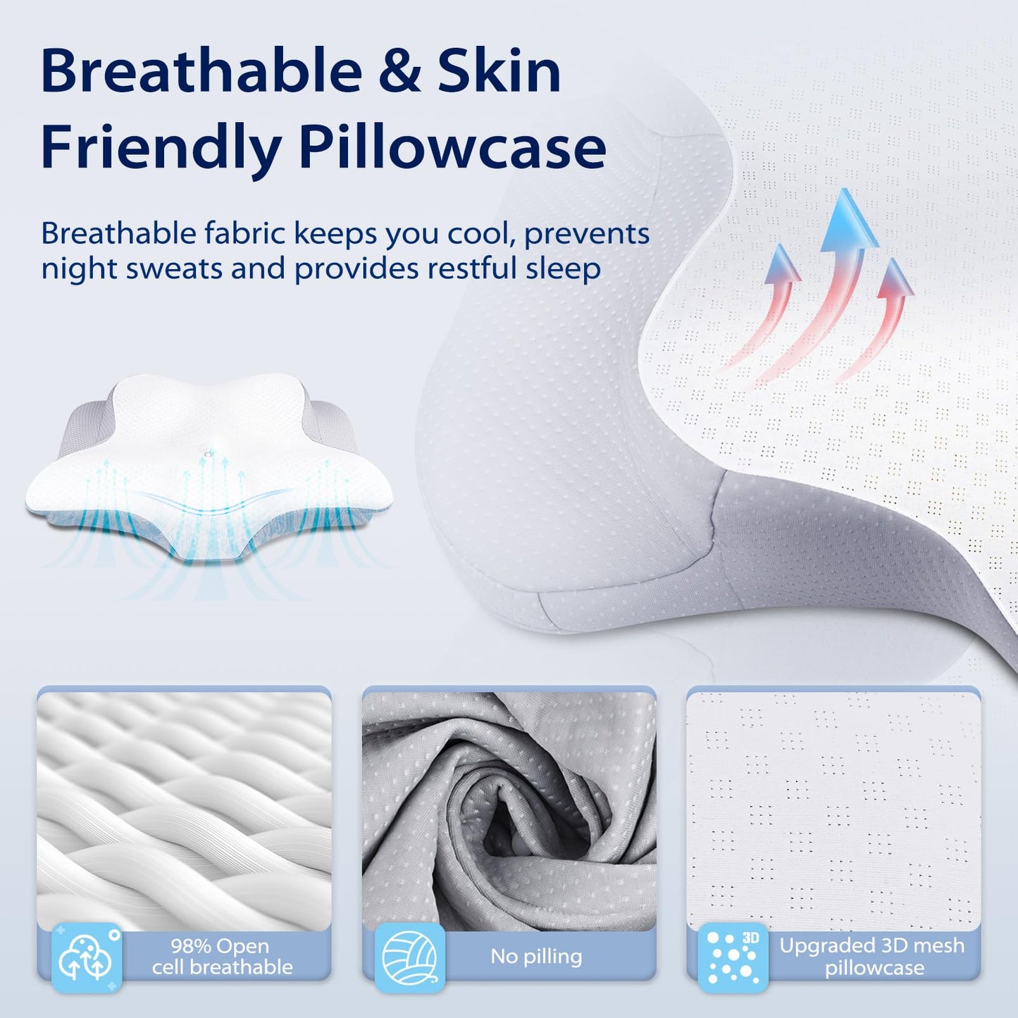 HOMCA Cervical Pillow for Neck Pain Relief, Ergonomic Neck Support Pillows for Sleeping, Memory Foam Bed Neck Pillow for Back Stomach Side Sleepers with Breathable Pillowcase