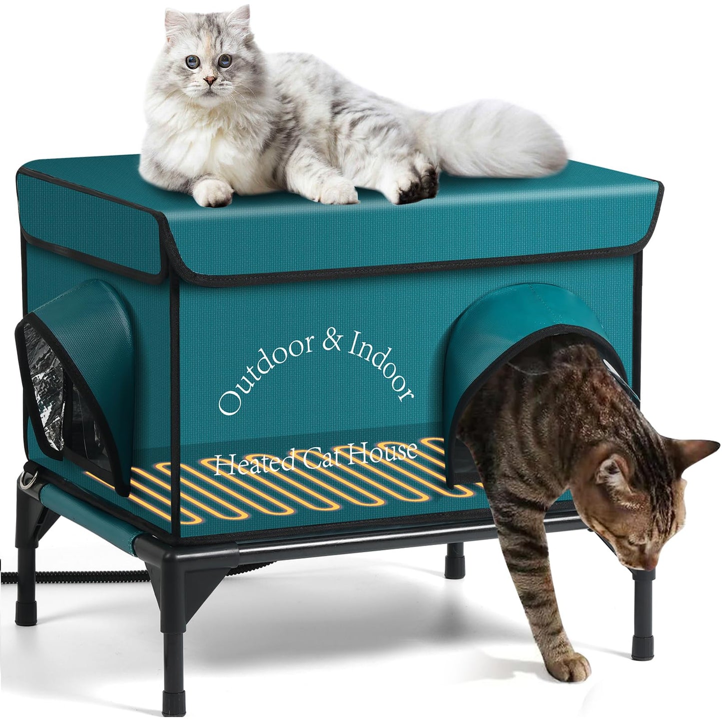 Yeatruojeet Heated Cat House for Outside Cat in Winter, Insulated Outdoor Feral Cat Shelter with Cat Heating Pad, 2 Doors,Elevated Waterproof Heated Kitty House (Blue, 21"x17.5"x18")
