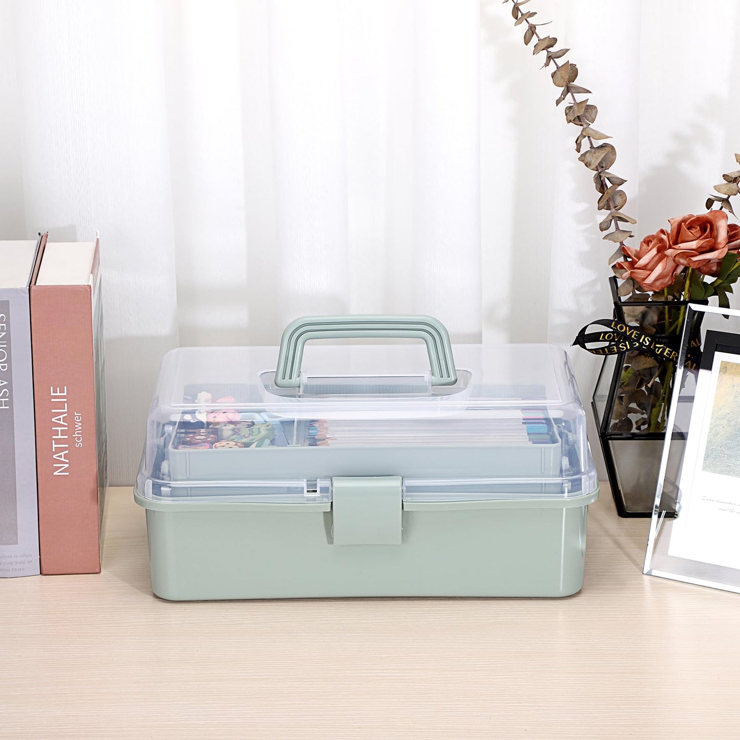 JuxYes Three Layer Multipurpose Storage Box, 3-Layer Art Craft Storage Container Clear Plastic Folding Tool Box Art Crafts Case Sewing Supplies Organizer with 2 Tray, Green