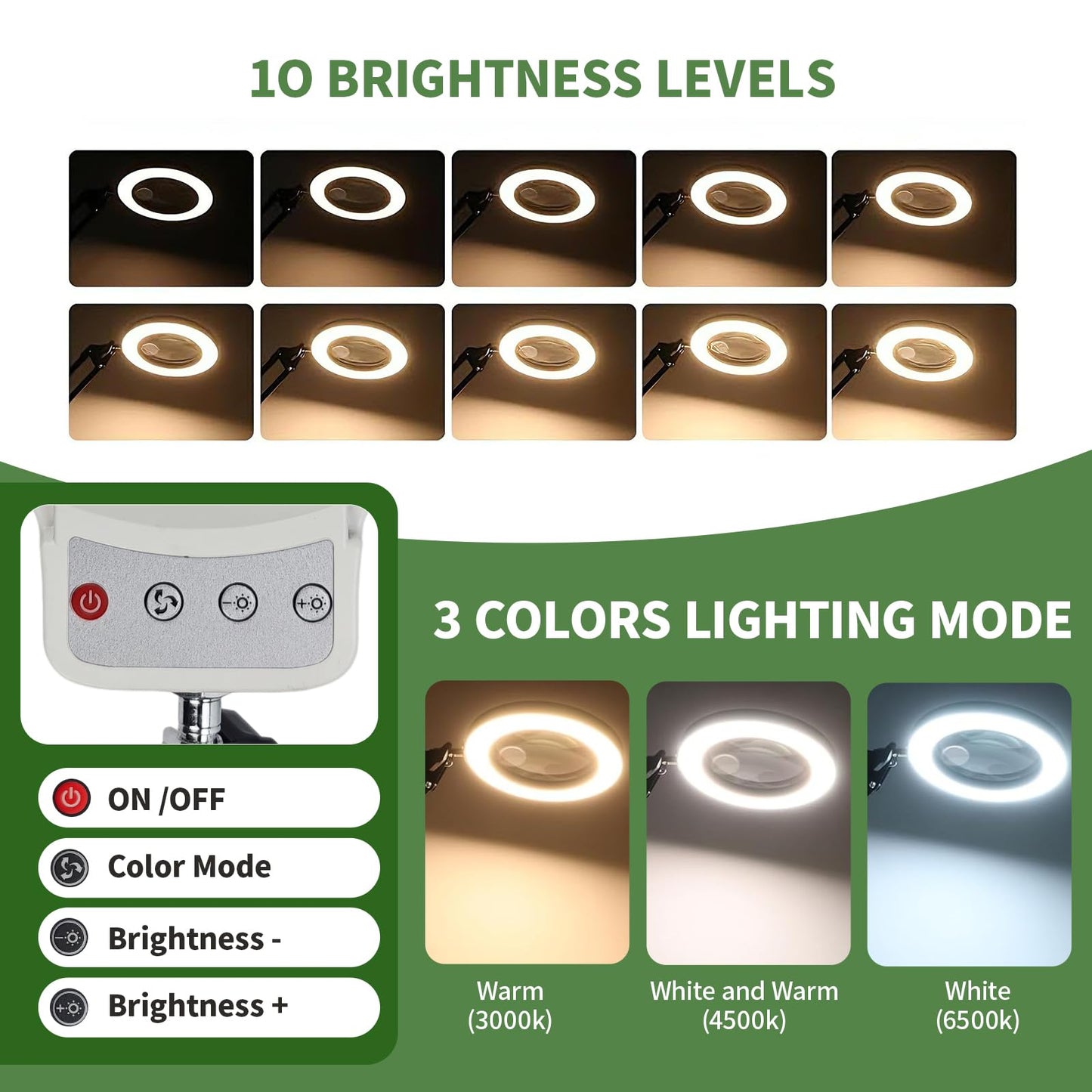 10X/20X Magnifying Glass with Light and Stand, LED Desk Lamp with Base and Clamp, 3 Color Mode, 10 Dimmable Levels Desktop Magnifier, Hands Free for Reading Crafts Jewelry Sewing Close Work
