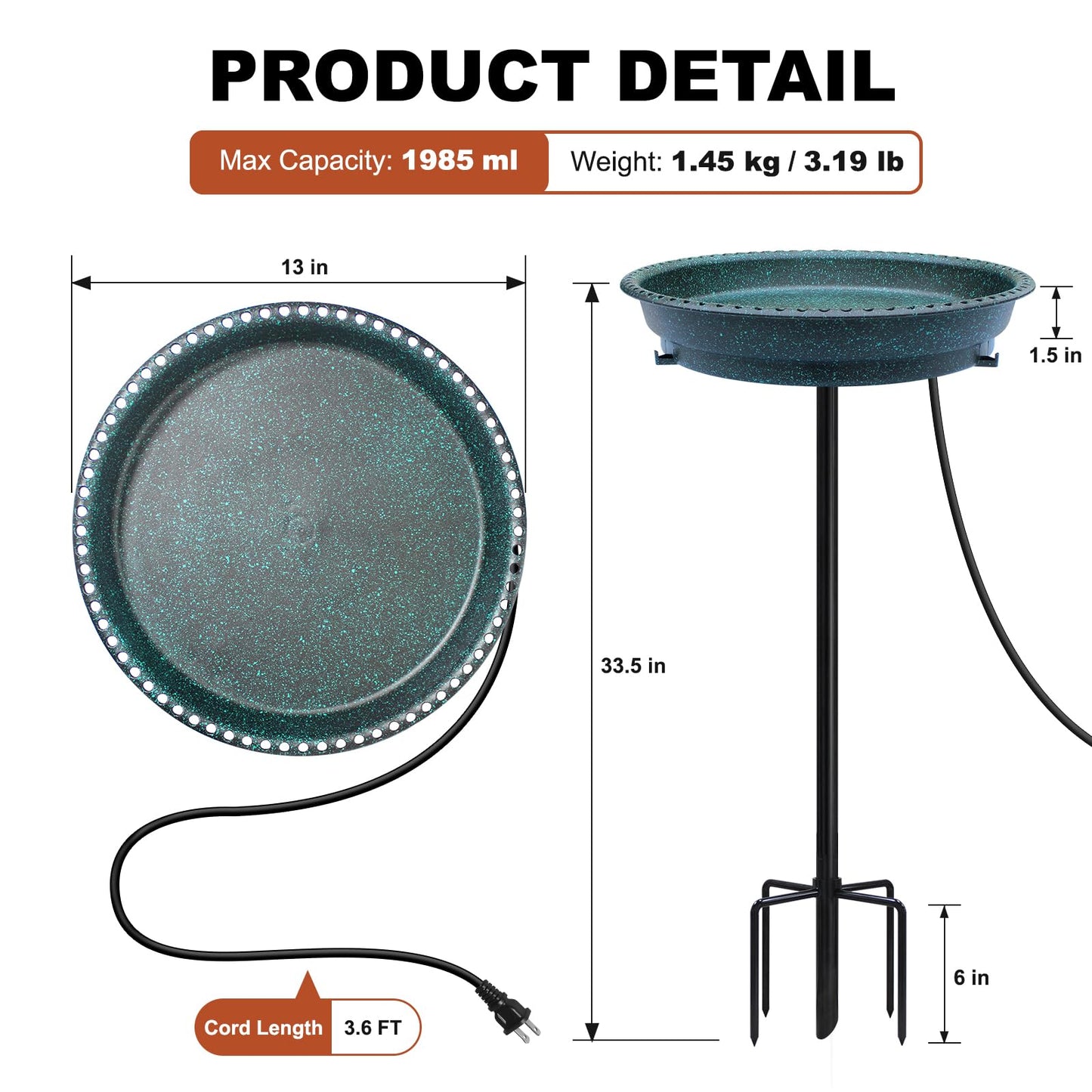 BIRD WISH Heated Bird Bath, Stable 5-Prong Metal Base Thermostat Control Weather Resistance All Seasons Available 75W Heated Bird Baths for Outdoors for Winter Garden Yard Patio Lawn, Spotted Green
