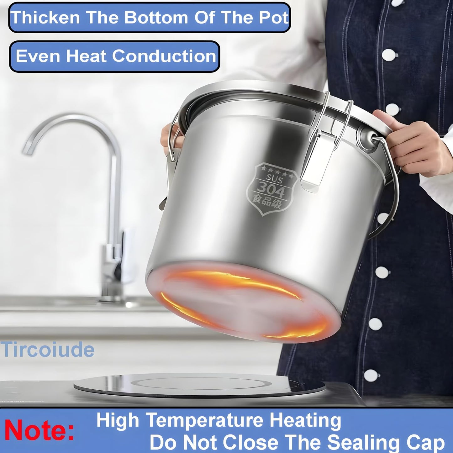 Tircoiude 304 Stainless Steel Kitchen Canisters, Flour Storage Container with Lid Locking Clamp Metal Food Airtight Canister for Kitchen Bean Oil Cereal Stainless Steel Bucket(Handheld)6L/1.5gal