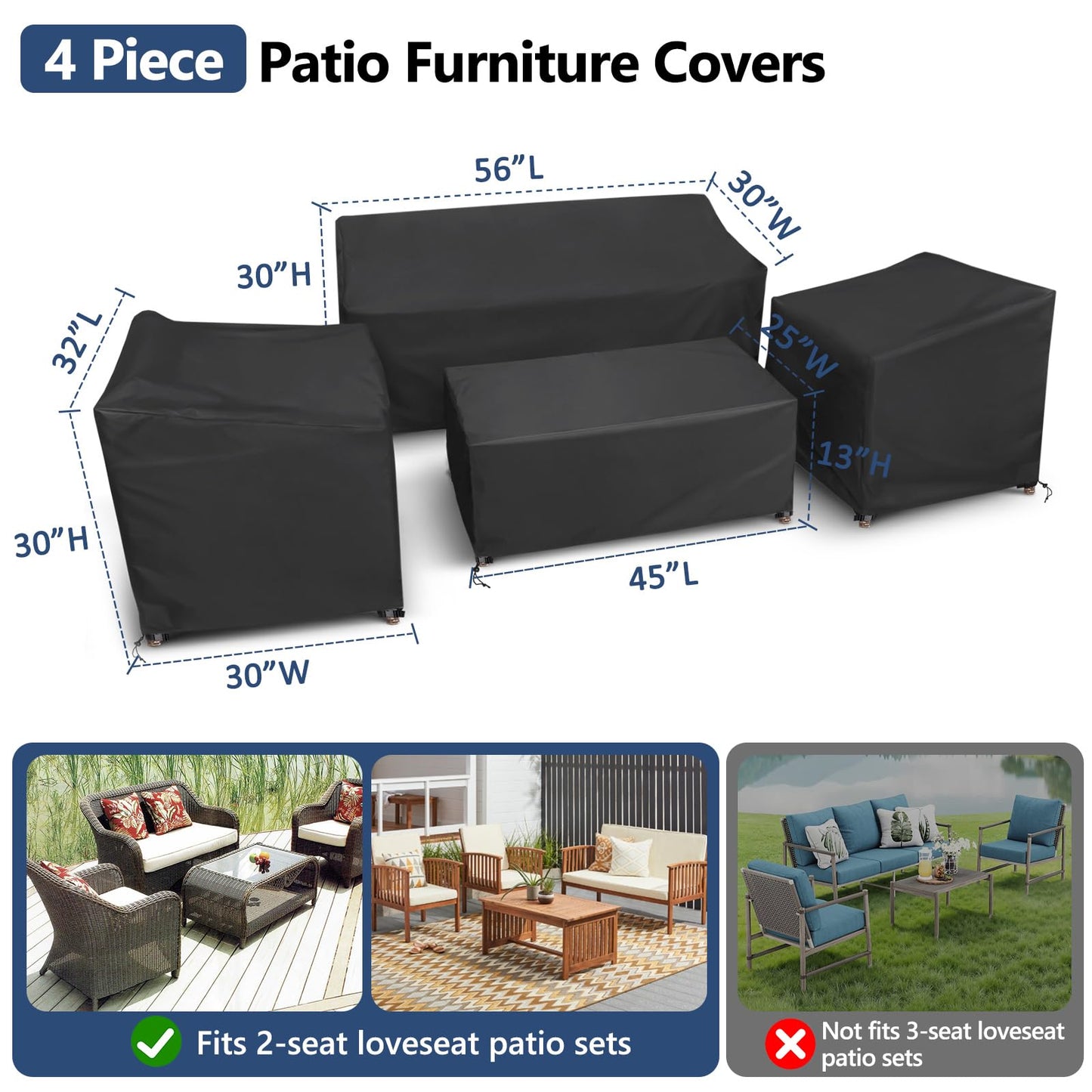 STARTWO Patio Furniture Covers 4 Piece Set, Heavy Duty Waterproof Outdoor Furniture Cover, Windproof with Buckle Strap and Drawstring, Black