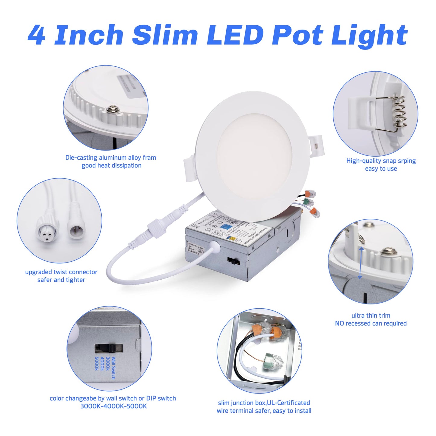 YUTRON 4 Inch 3CCT LED Recessed Slim Pot Light, Easy Color-Changeable by Wall Switch, Dimmable IC-Rated Damp Location, ETL and Energy Star Ceiling Lighting 9W 750LM (8pack 5000K/4000K/3000K)