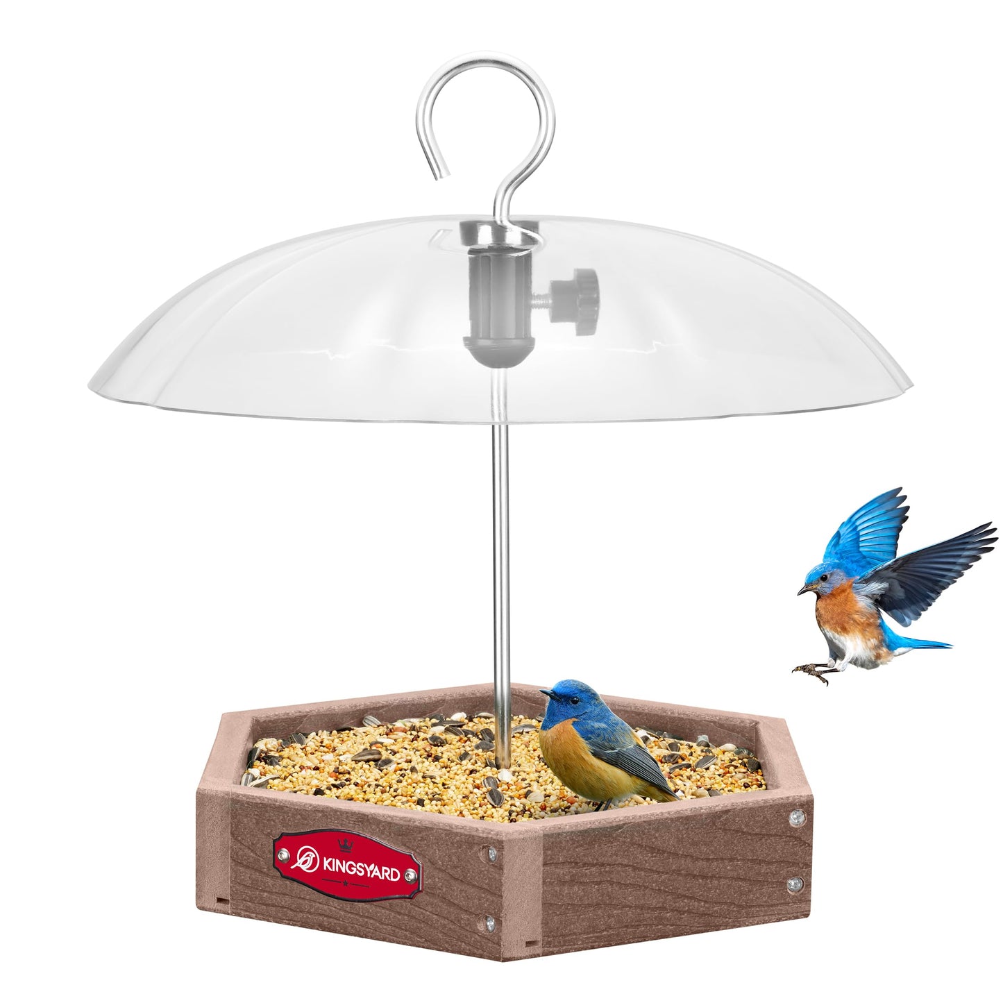 Kingsyard Platform Bird Feeder for Outdoor Hanging - Rugged Recycled Plastic Wild Bird Feeding Station with Adjustable Dome & Metal Mesh Tray. Brown