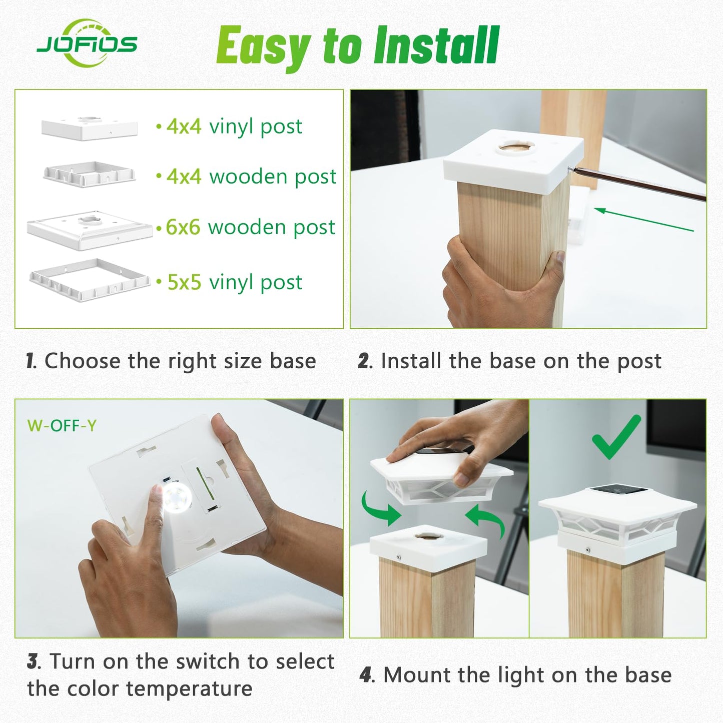 JOFIOS Solar Post Cap Lights - White Solar Fence Deck Post Lights for 4x4 Vinyl/Wooden Posts, Outdoor Warm White/Cool White Lighting, Waterproof Decorate Garden Pathway