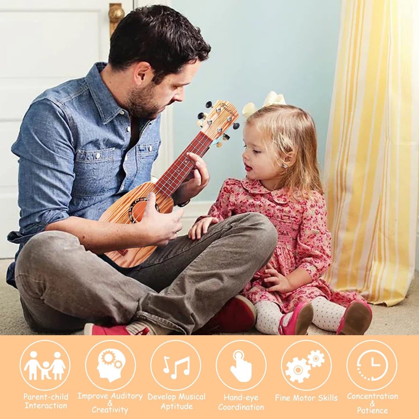 17 Inch Mini Guitar Ukulele Toy for Kids,Plastic Sear World Cartoon Children Educational Learn Guitar Ukulele with The Picks and Strap Can Play Musical Instruments Toys (Sprucewood)