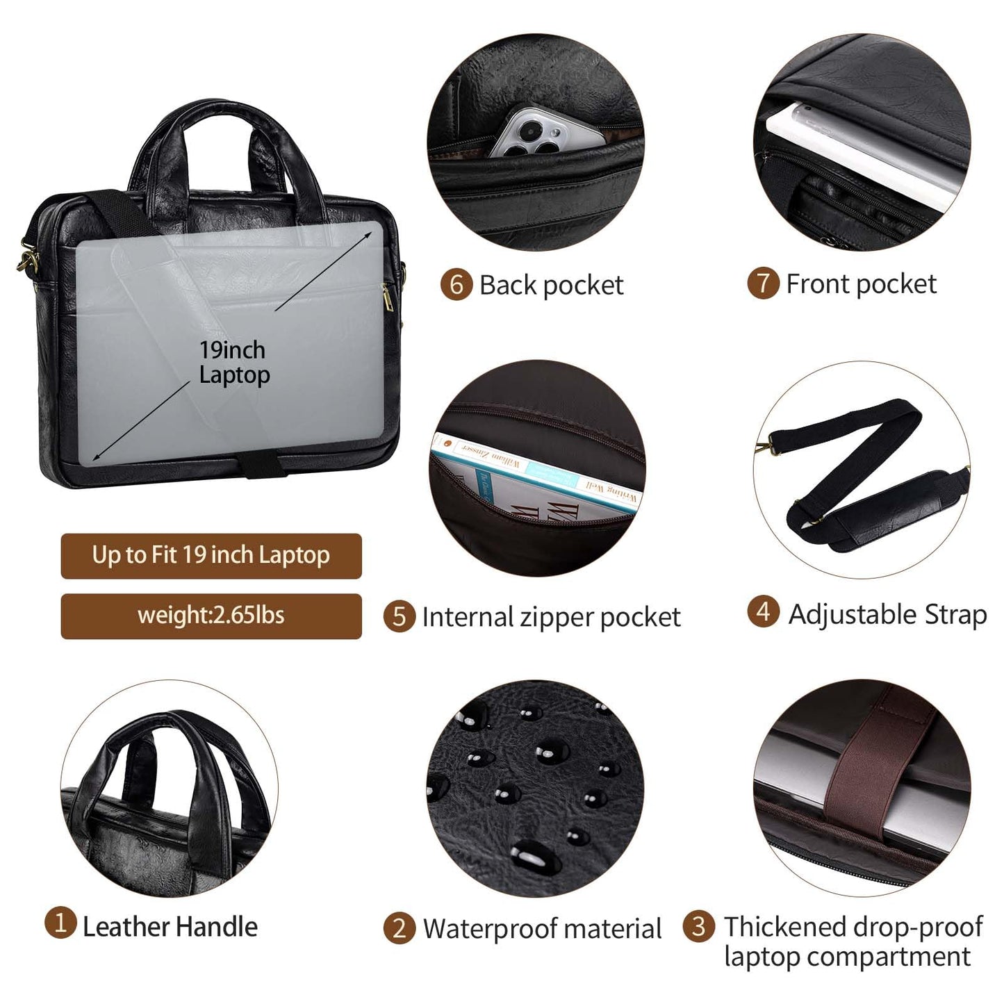 Faux Leather Messenger Bag for Men 17-17.3 Inch: Laptop Bag Briefcase Computer Handbags Shoulder Crossbody Bag with Padded Laptop Sleeve for Work College, PU Black
