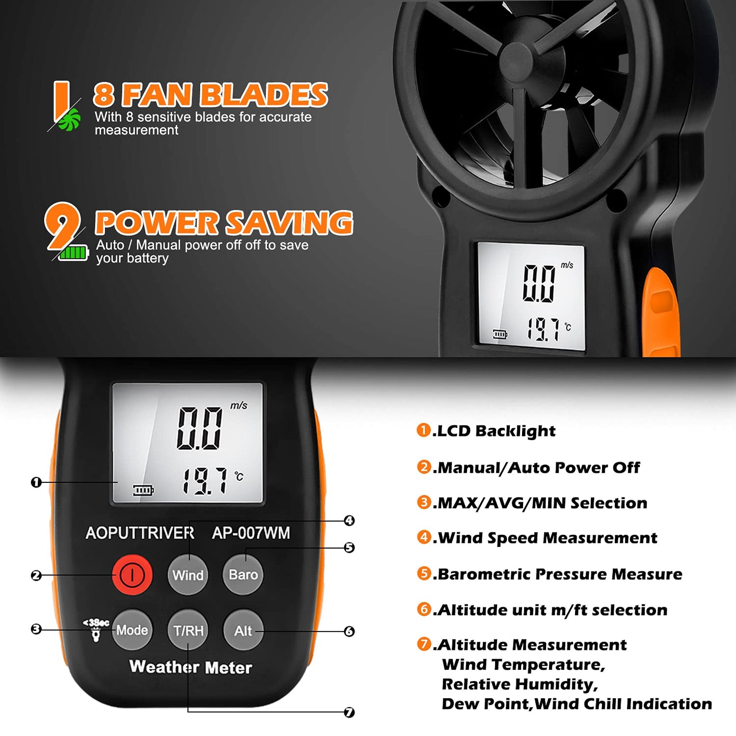 Digital Anemometer Barometer AP-007WM Altimeter Gauge, Handheld Anemometer for Wind Speed/Temperature with Wind Chill & Relative Humidity, Altitude, Barometric Pressure measure for HVAC CFM Shooting