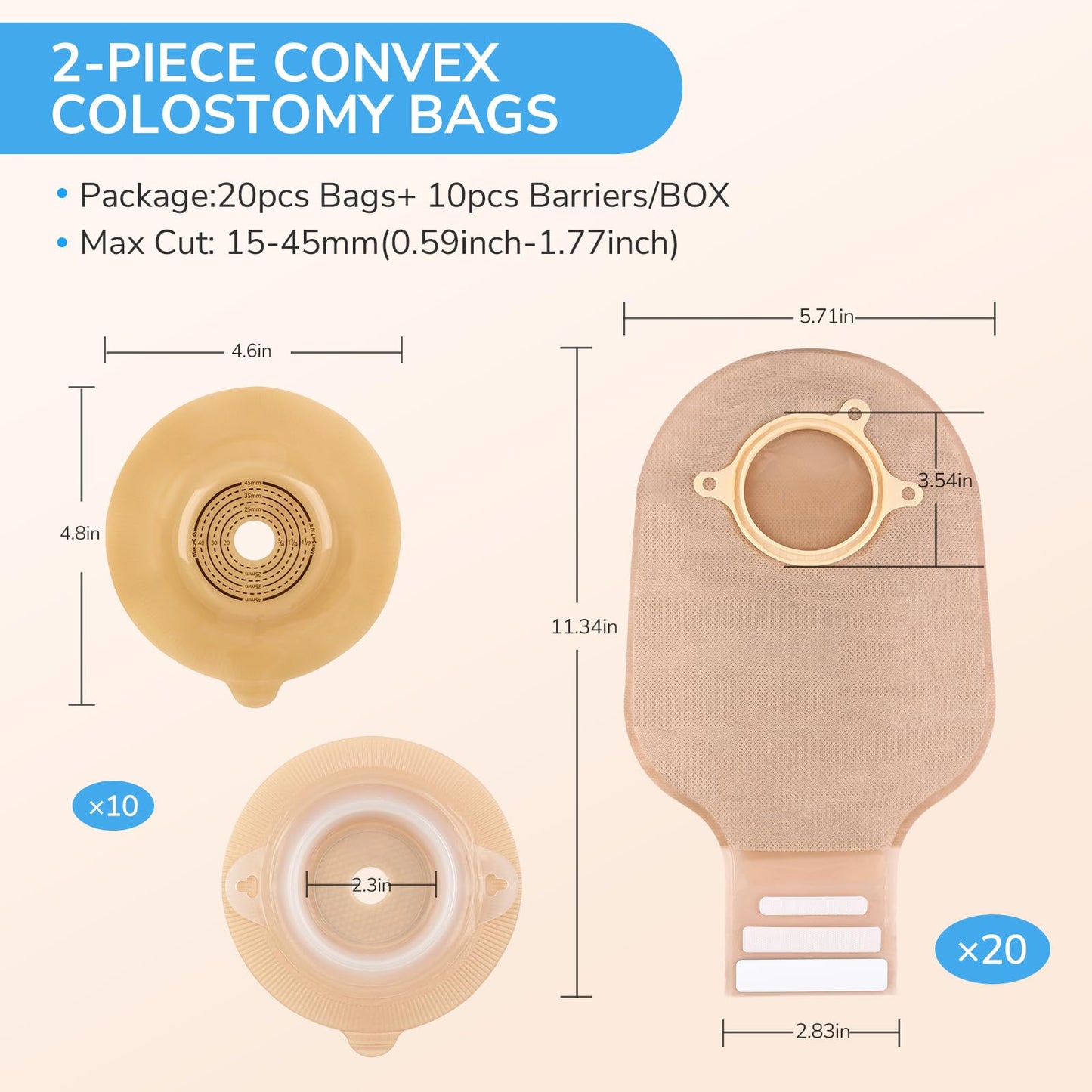 30 PCS Ostomy Supplies – 20 PCS Two-Piece Colostomy Bags + 10 PCS Cut-to-Fit Convex Skin Barriers (45 mm Max), for Ileostomy, Urostomy, Colostomy Stoma Care, Secure Fit, Leak-Proof