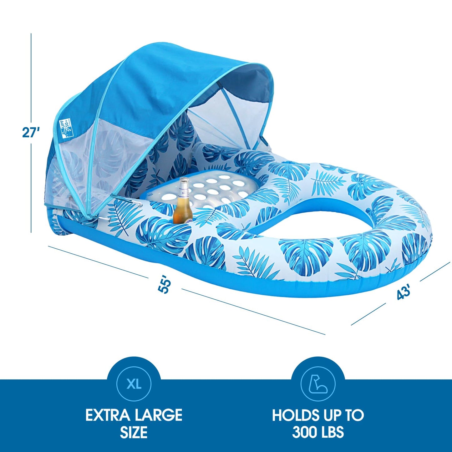 COOLCOOLDEE Pool Lounge Float with Canopy UPF50+,Extra Large Pool Floats for Adults Heavy Duty,Inflatable Lounger Float with Cup Holder & Backrest,Footrest