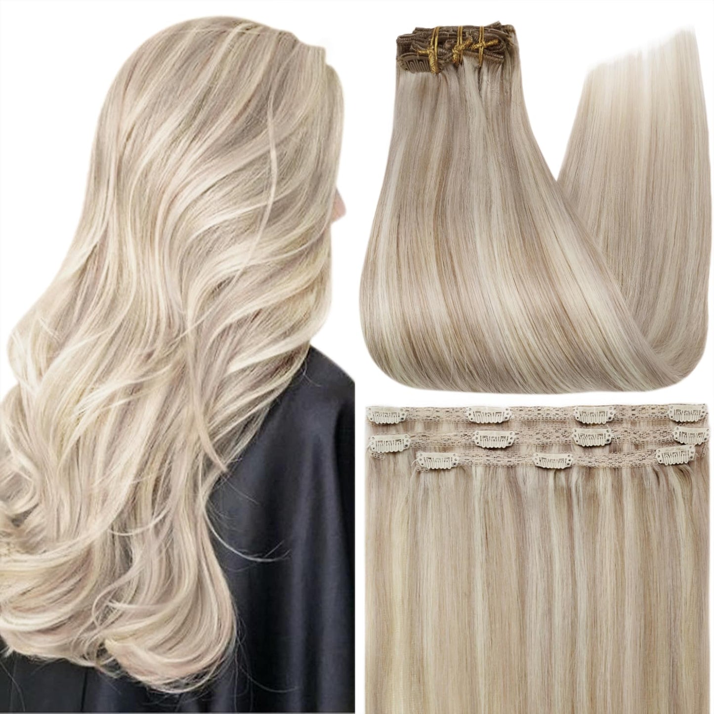 Full Shine Clip in Hair Extensions for Women Color 18 Ash Blonde and 613 Bleach Blonde 14 Inch Straight Real Human Hair Extensions Lace Clip in Extensions 60 Grams 3 Pieces Soft Natural