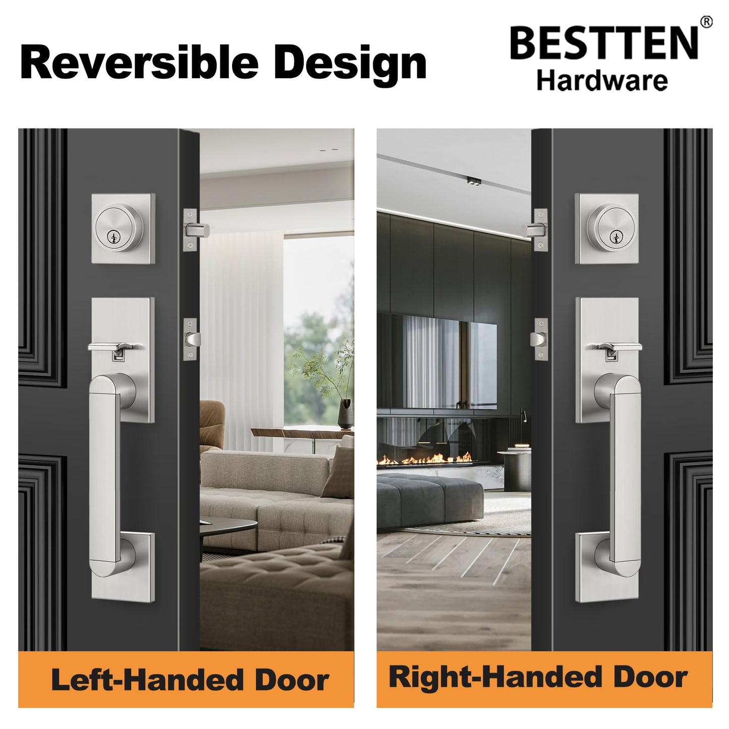 BESTTEN Square Front Door Entry Handle Set, Easy Install Adjustable Handle with Keyed Deadbolt Lock, All Metal Solid Construction in Stainless Nickel Finish