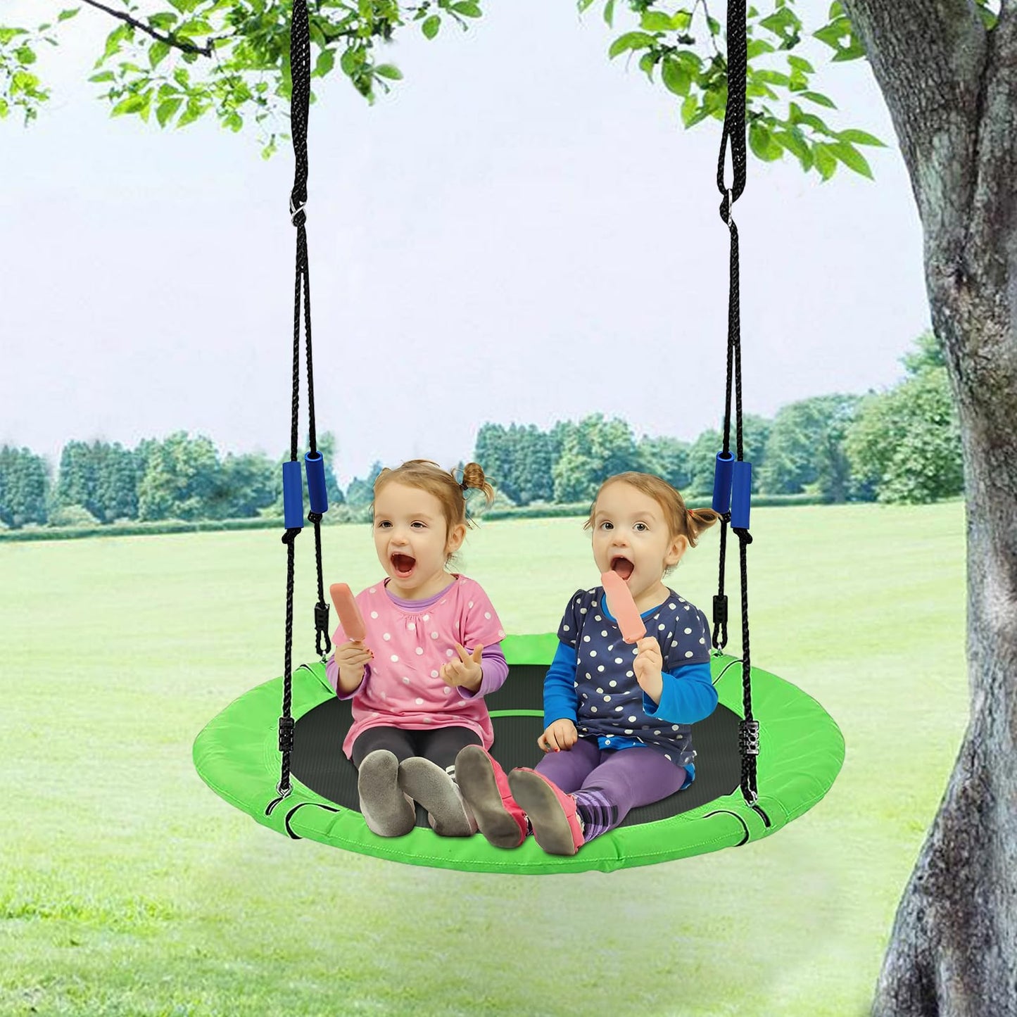 40 Inch Flying Saucer Tree Swing for Kids Adults,Round Indoor/Outdoor Swing Set with Hanging Strap Kit,Circle Swing with Steel Frame & Adjustable Rope,Easy to Install&750lb Weight Capacity