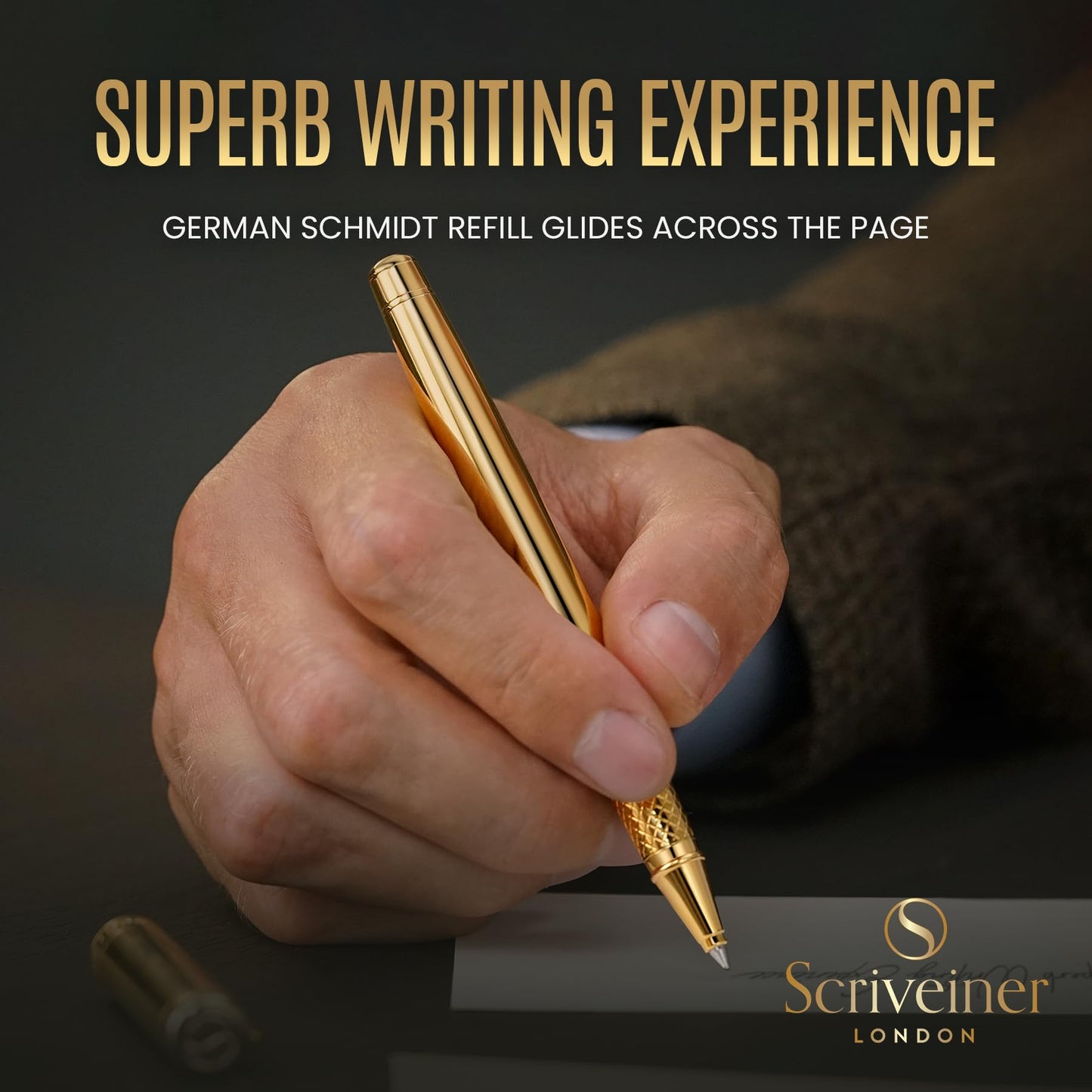 Scriveiner Gold Rollerball Pen - Stunning Luxury Pen, Real Gold Plating, Schmidt Ink Refill, Best Roller Ball Pen Gift Set for Men & Women, Professional, Executive Office, Nice Pens