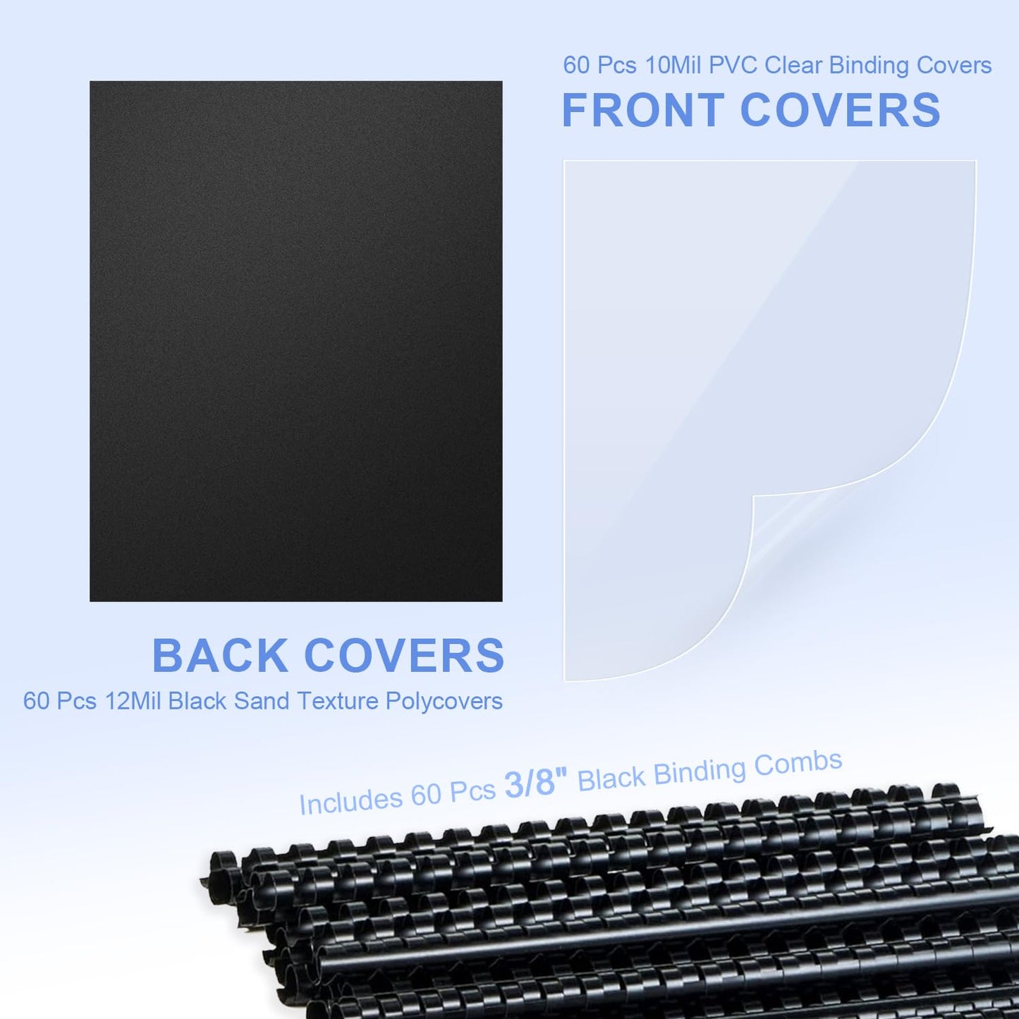 HOUYEE 180 Pack Binding Covers Set: 60 Pcs 3/8 Inch Black Binding Combs, 8.5x11 Inches, 60 Pcs 10 Mil Clear Binding Covers, 60 Pcs 12Mil Black Sand Texture, Letter Size