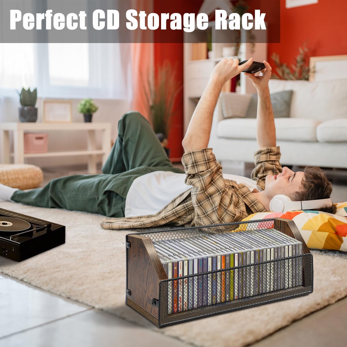 PUTNATRUE CD Storage Holder Wooden Organizer for up to 32 CDs Retro CD Case Rack