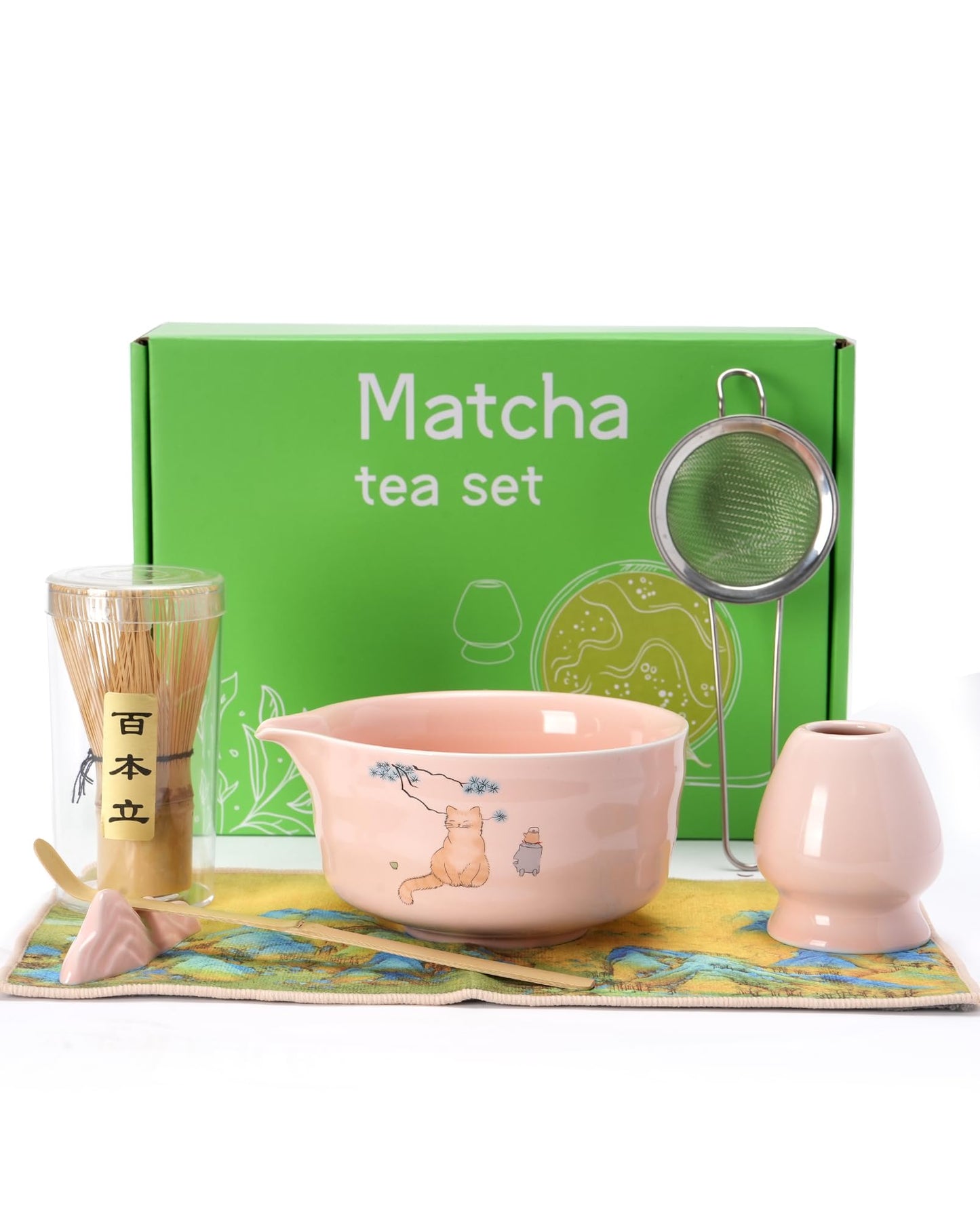 Matcha Whisk Set 7 Pcs Matcha Kit, Matcha Kit for Ceremony, Matcha Tea Set, Matcha Whisk and Ceramic Bowl with Matcha Scoop&Sifter, Used for Breakfast, Afternoon Matcha Tea (Pink)