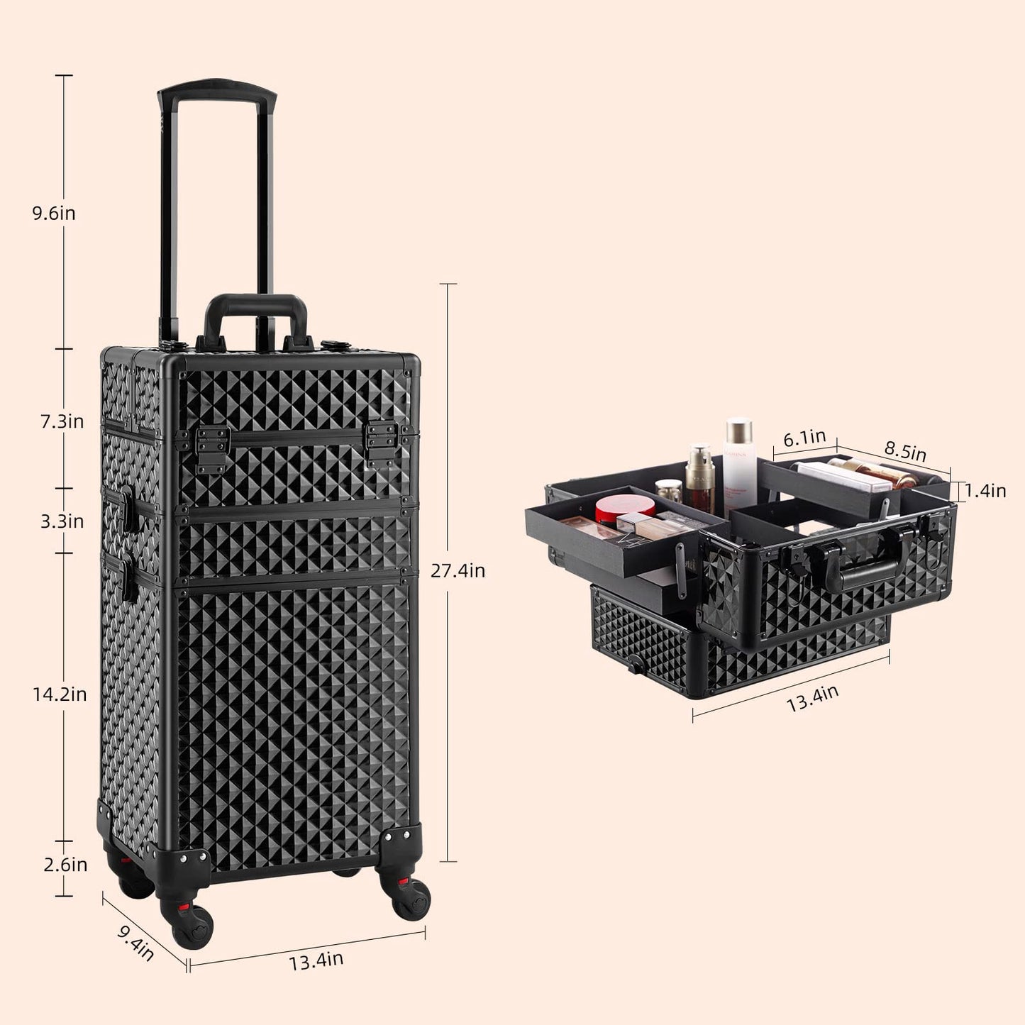 Somduy Rolling Makeup Case 3 in 1,Professional Makeup Train Case organizers,Large Storage Cosmetic case Trolley,Makeup Travel Case for Salon Barber, Bright Black, 3 layers, Fashion
