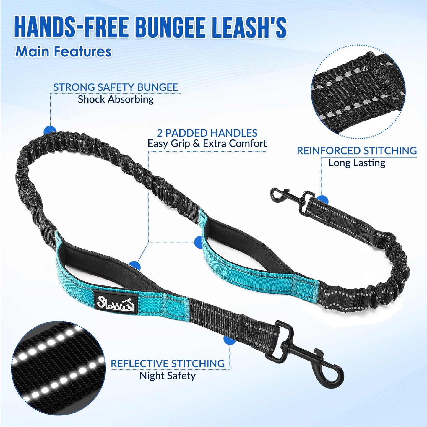 AUTOWT Hands Free Dog Leash for 2 Dogs, Dual Padded Handles and Durable Elastic Bungees with Zipper Pouch, Double Dog Leash with Adjustable Waist Belt for Walking, Jogging and Running(Light Blue, XL)