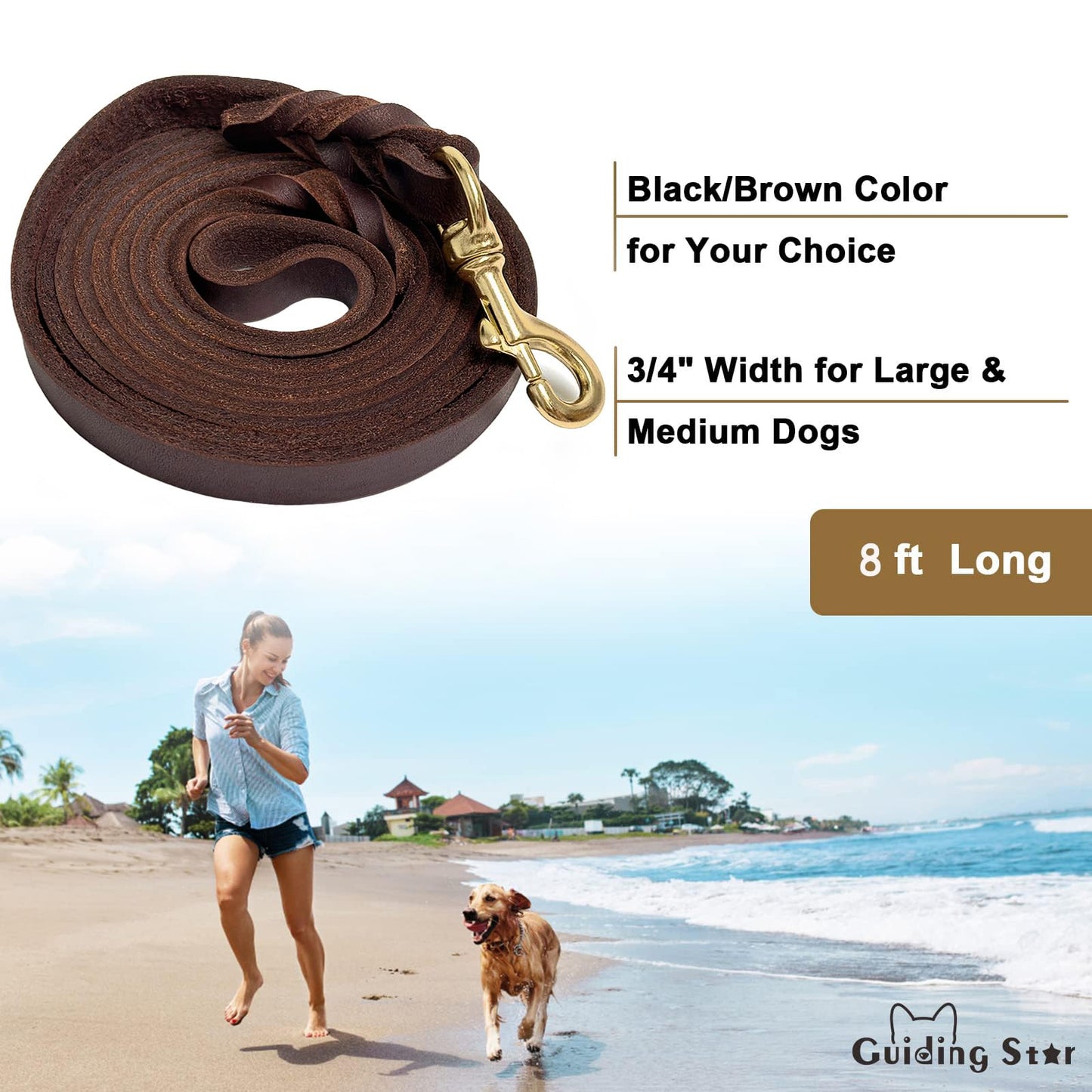 Guiding Star Brown 10ft Braided Leather Dog Training Leash with Copper Hook, Heavy Duty Dog Leash for Large, Medium and Small Dogs, Two Sizes for Your Choice (L)