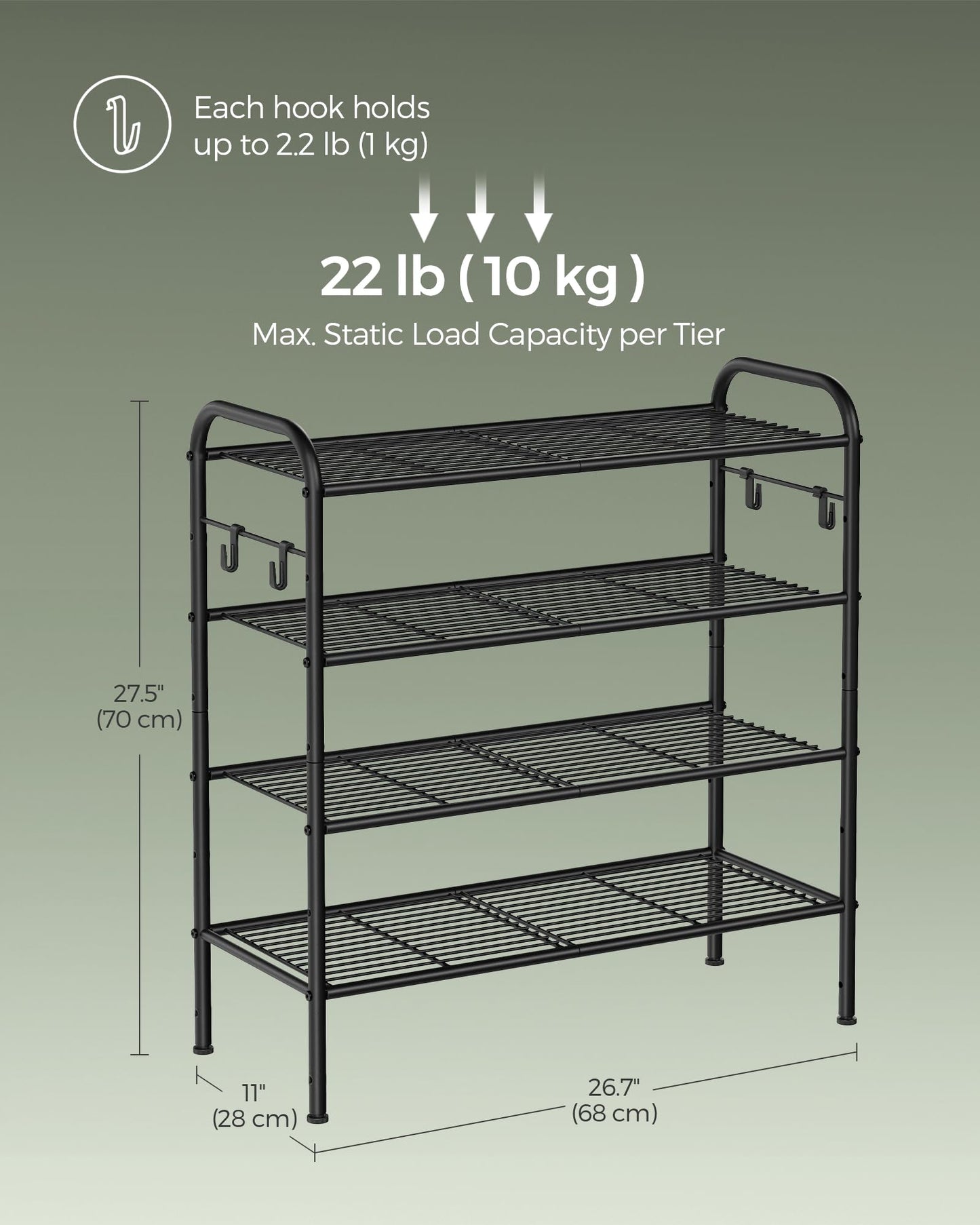SONGMICS Shoe Rack, 4-Tier Shoe Organizer, Metal Shoe Shelf Storage with 4 Side Hooks, Holds 16 Pairs of Shoes, Height-Adjustable Shoe Rack for Entryway, Hallway, Closet, Easy Assembly, Ink Black