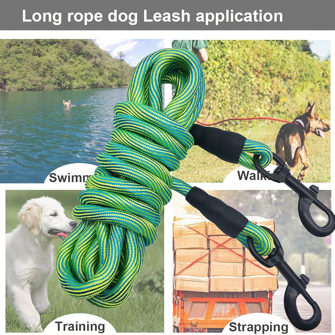 BTINESFUL 12ft/20ft/30ft/50ft Tie-Out Check Cord Long Rope Dog Leash, Recall Training Lead Leash- Great for Large Medium Small Dogs Training, Playing, Camping, or Backyard, Green-20ft
