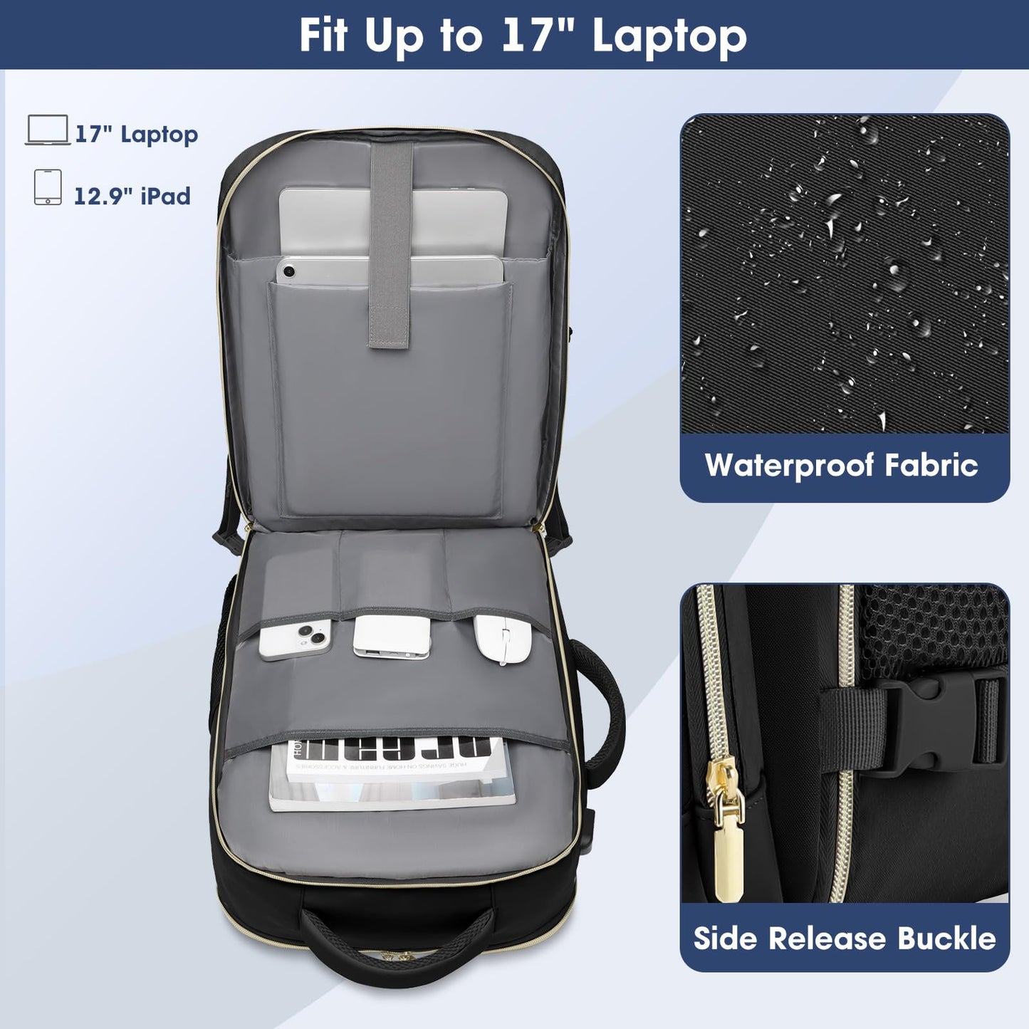Large Carry On Travel Backpack: Flight Approved 40L Waterproof Personal Item Daypack for Women Weekender Bag fit 17inch Laptop Luggage Backpack Traveling Business with USB Port and 3 Packing Cubes
