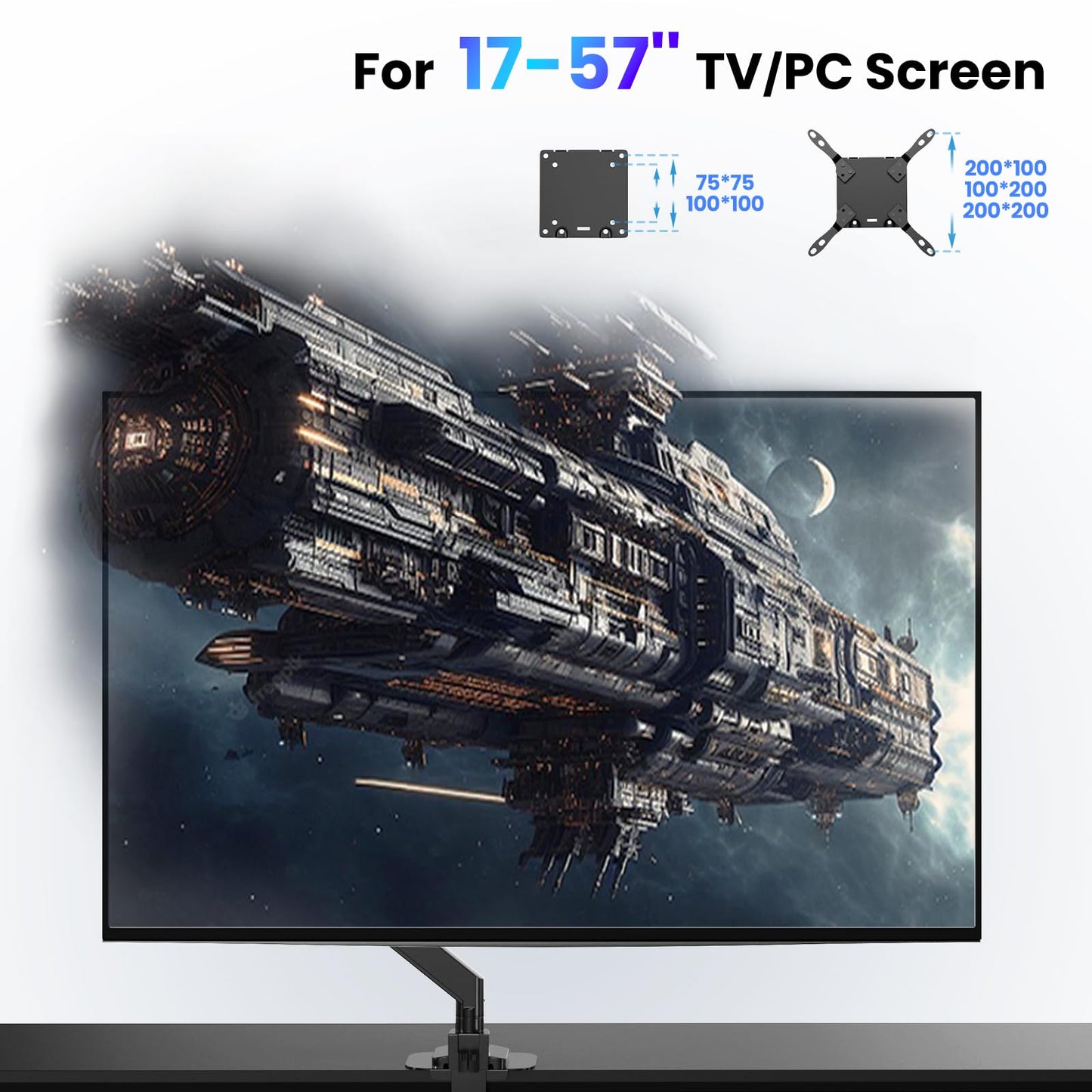 PUTORSEN 17-57 Inch Ultrawide Monitor Arm and TV Desk Mount,up to 27kg, Premium Aluminum Single Monitor Arm Desk Mount with Gas Spring, Steel Reinforcement Plate, VESA 75x75 to 200x200