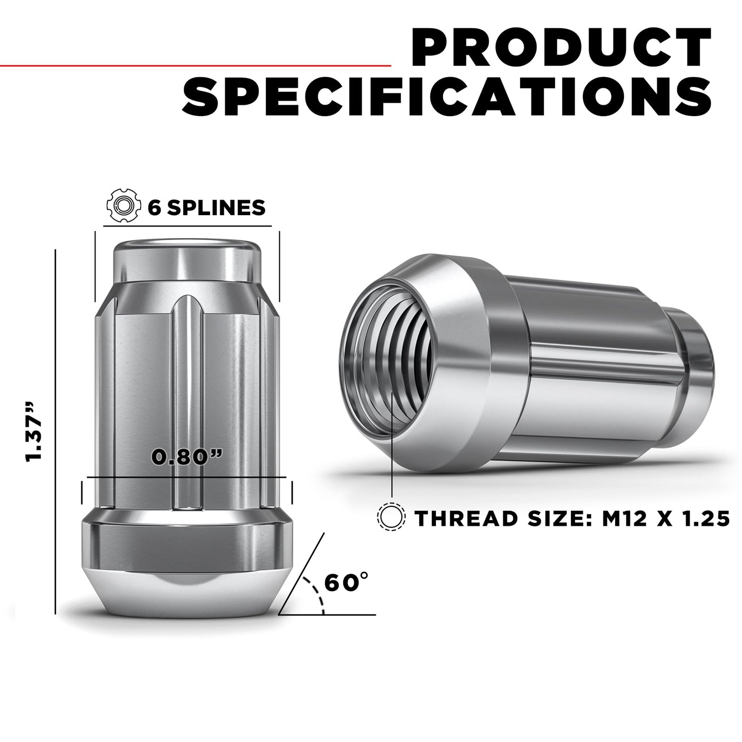 White Knight 3806-20AM Chrome M12 x 1.25 Thread Size Spline Drive Lug Nut with Key (Small Diameter Seating for AFTERMARKET Wheels), 20-Pack