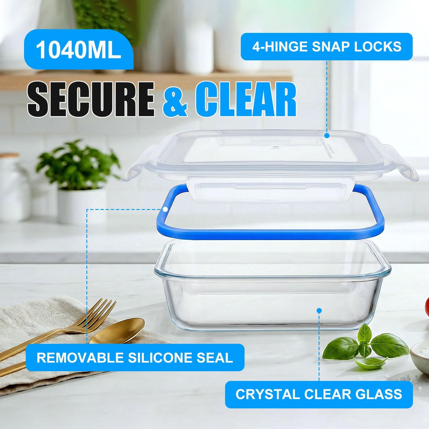 Stelive 10 Pack 1040ML Glass Food Storage Containers, Glass Meal Prep Containers, Airtight Lunch Bento Box with Leakproof Lids for Kitchen Storage & Organisation, for Microwave, Oven & Freezer