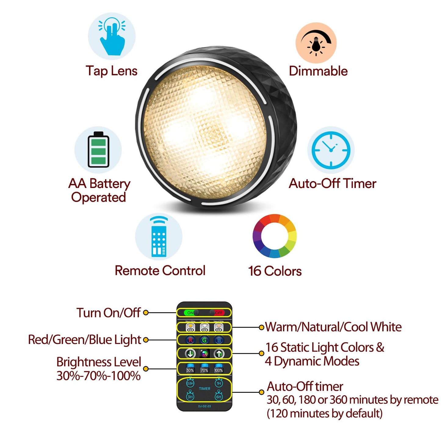 LED Puck Lights Battery Operated Under Cabinet Lighting, Closet Lights with Remote, Color Changing Under Counter Lighting, Stick On Lights for Kitchen, Bookcase, Cupboard, 6 Pack - Black