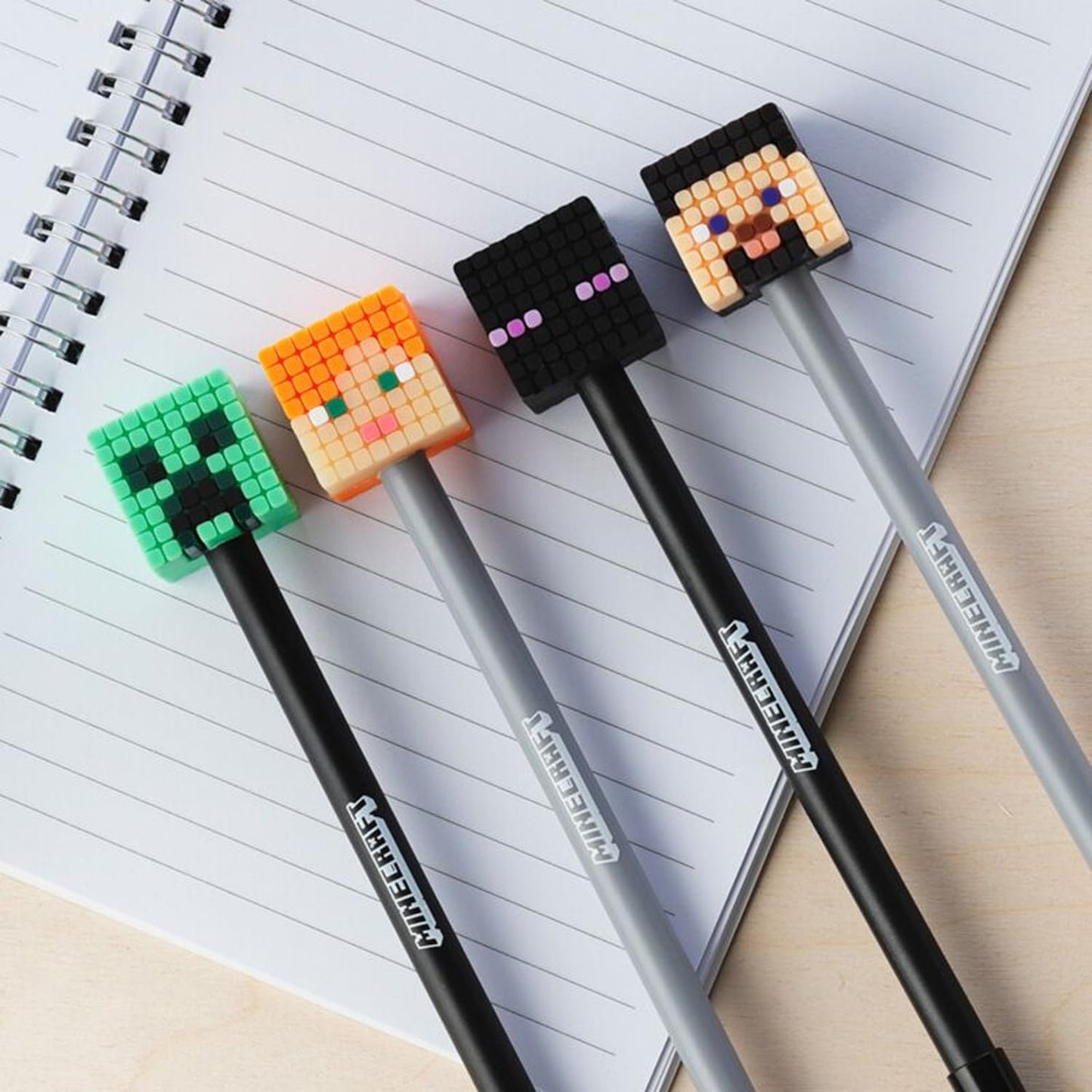 Puckator Minecraft Fine Tip Pen with Silicone Topper 8 Piece Set - Pen Stationary Set - Cool Fancy Pack of Pens Black For Office Writing College - Uni Essentials - Back to School Supplies - Non Smudge