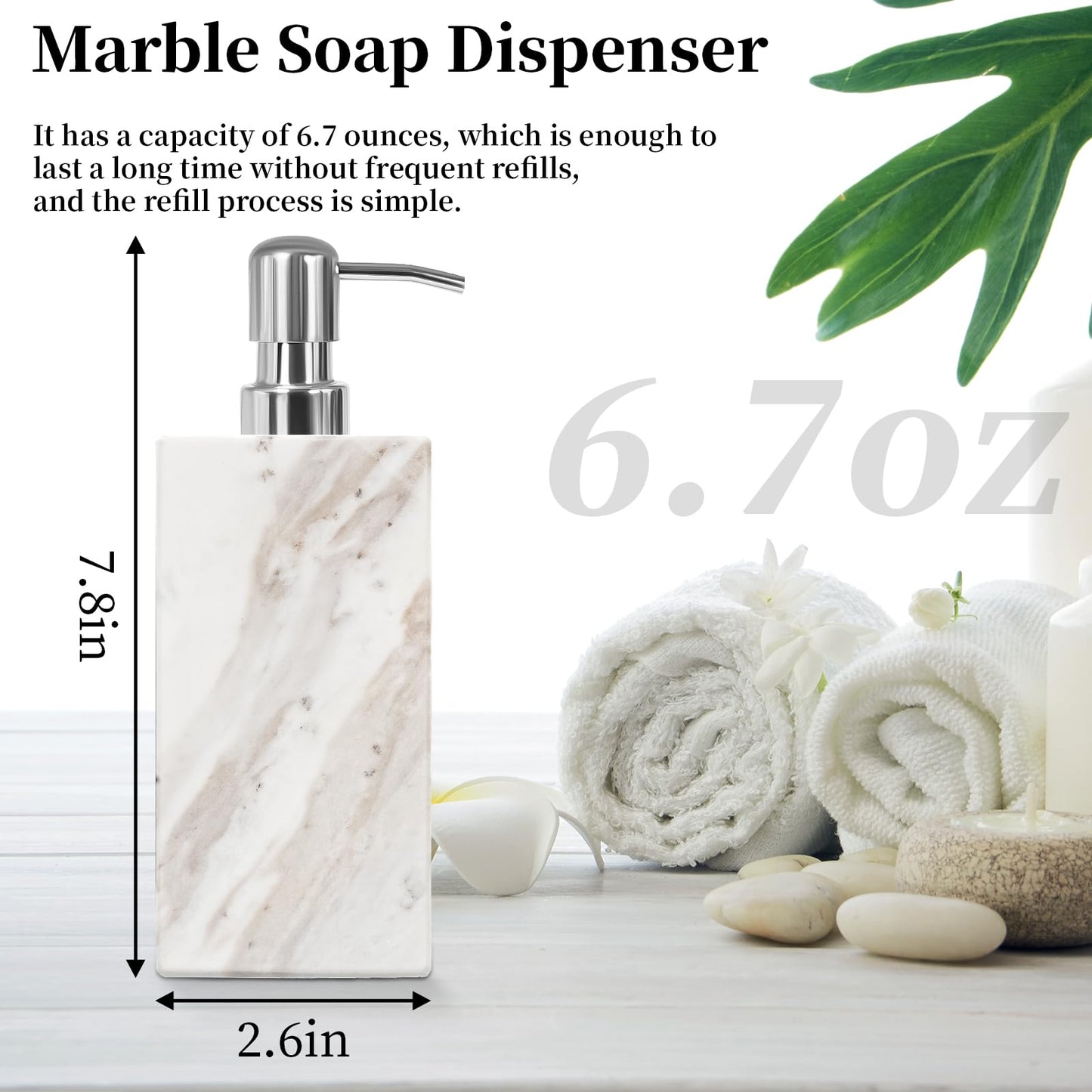 Amaauto White Marble Soap Dispenser for Bathroom and Kitchen Countertop - Lotion and Liquid Soap Dispenser, 6.7 Ounces Soap Bottle with Pump
