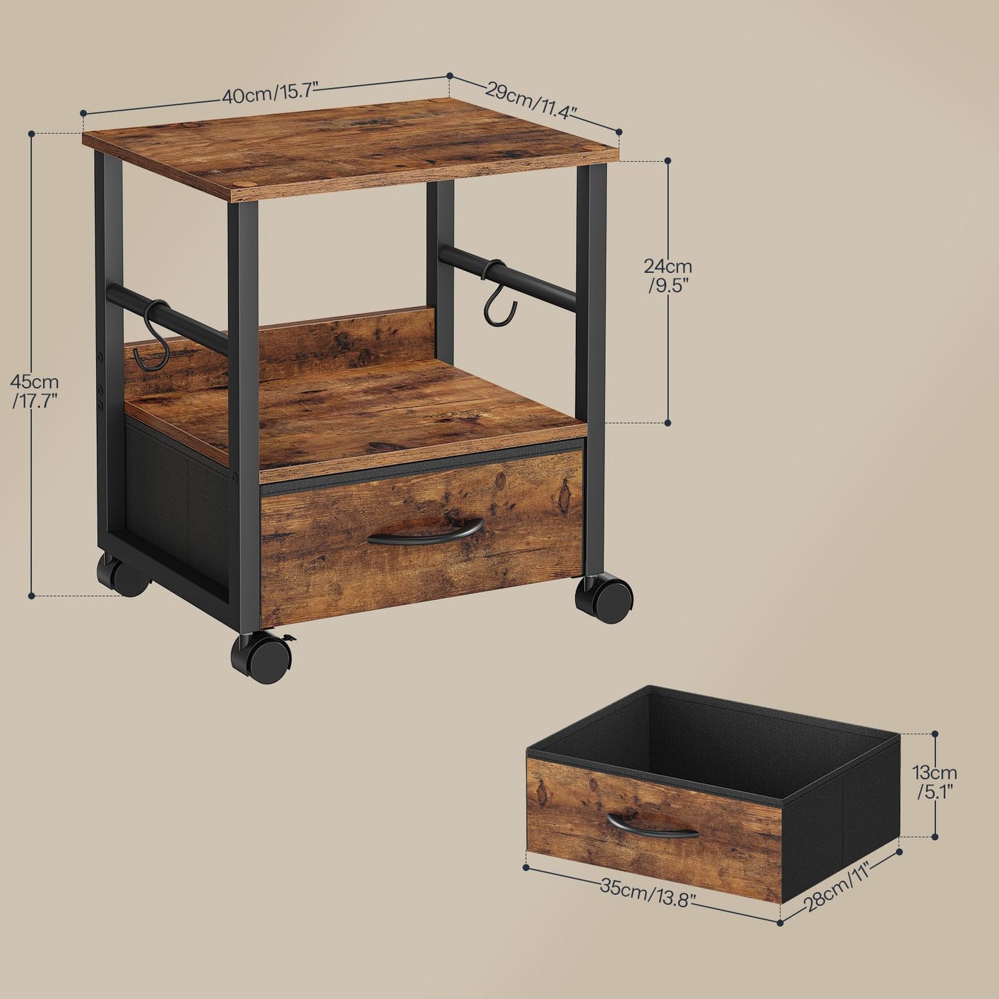 HOOBRO 2-Tier Printer Stand with Drawer, Under Desk Printer Table, Printer Cart with Storage, with Casters/Adjustable Feet, for Home Office, Study, Living Room, Rustic Brown and Black, BF20PS01
