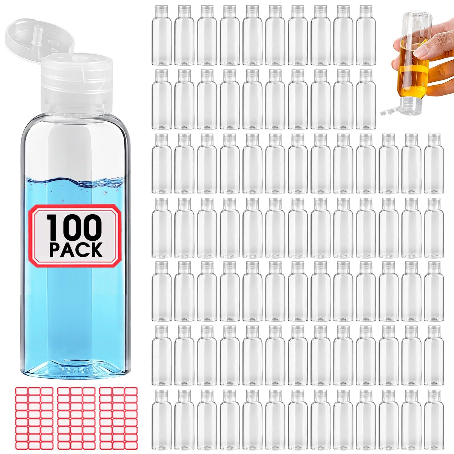 100pcs Empty 3.4 oz Travel Bottles with Flip Cap Tsa Approved Leakproof Plastic Squeeze Small Shampoo Bottles for Toiletries Liquids Travel Essentials Containers for Lotion, Party favors, Bulk Gifting
