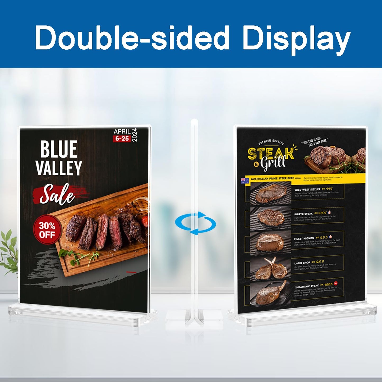 BlueValley Acrylic Sign Holder 8.5x11 Vertical - 12 Pack Double Sided Clear Plastic Table top Paper Display Stand for Menu, Flyer, Document, Poster - Standing Sign Holder for Office, Retail, Catering