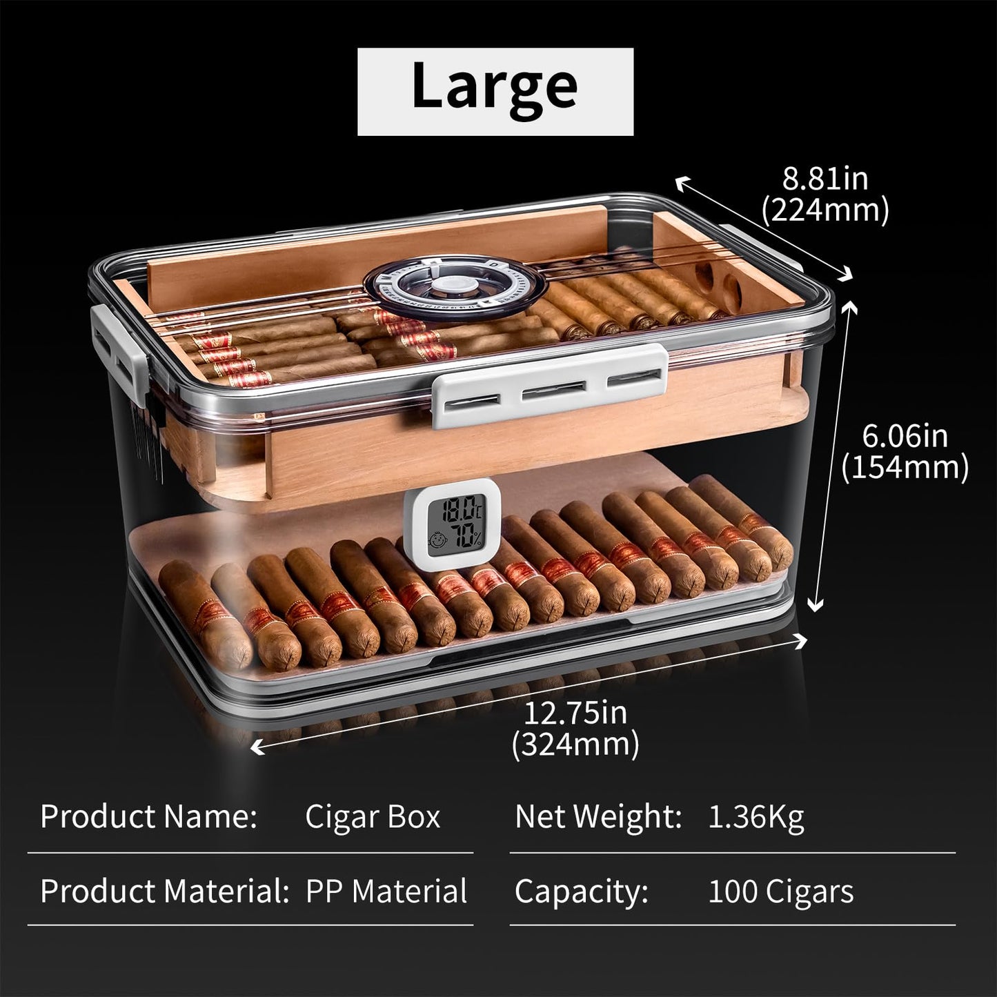CIGARLOONG Cigar Humidor Large Accommodate 80-100 Cigars,Built-in Cedar Wood Shelf with High Precision Hygrometer and HumidifierTransparent Acrylic Cigar Storage Box (L)