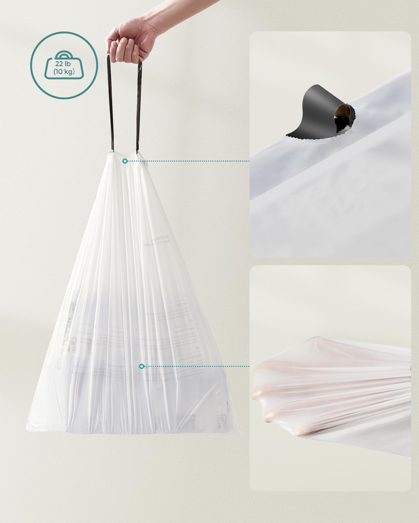 SONGMICS Trash Bags for 8-Gallon (30 L) Trash Cans, Drawstring Kitchen Garbage Bags, Pre-Separated, Liner Code 30A, 4 Rolls, 180 Count, White UKRB030A04