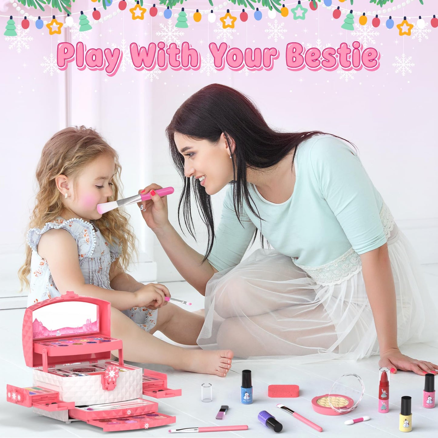GirlsHome Kids Makeup Kit for Girls 56 Pcs Washable Real Cosmetic, Non-Toxic Frozen Toys Toddler Makeup Kit, Frozen Princess Dress up Kit Christmas & Birthday Girl Gift for 3-12 (Frozen Pink)