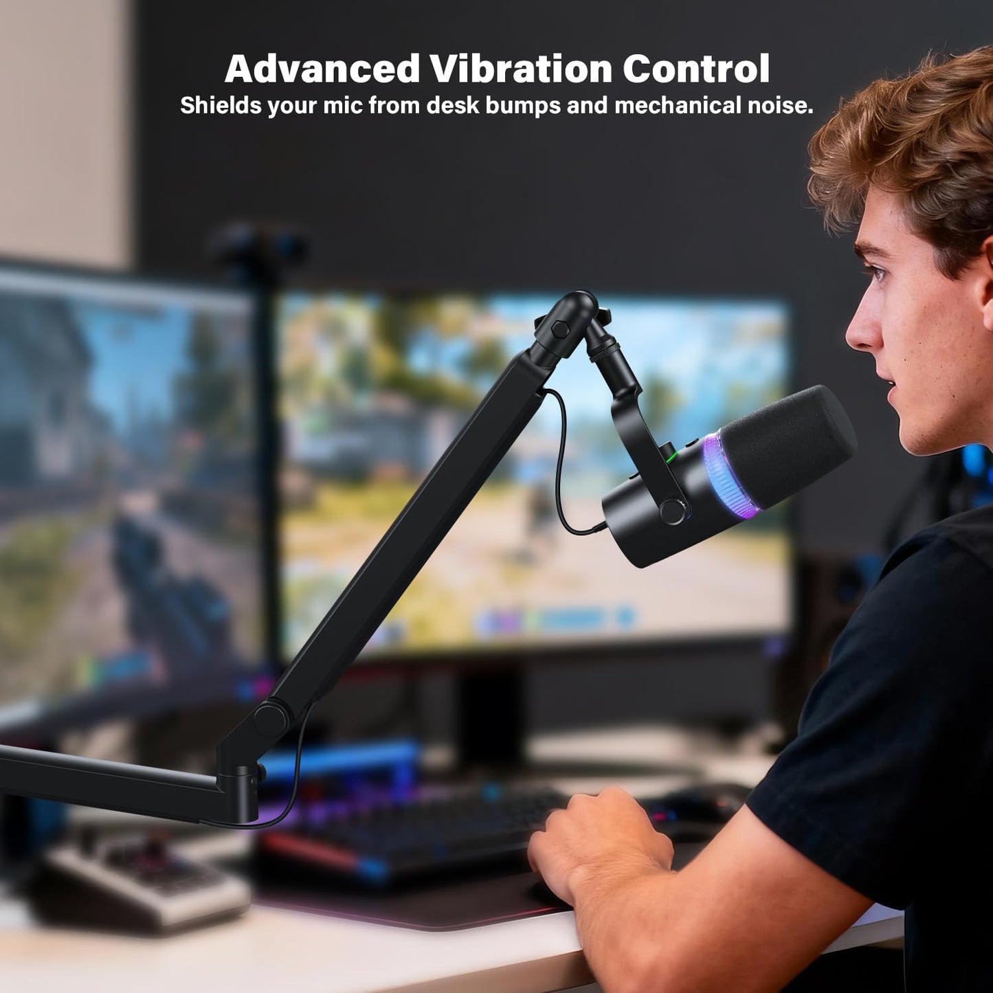 Low Profile Mic Arm, Cable Management Microphone Boom Arm, Full Aluminum Adjustable Mic Stand with Desk Clamp, 360°Rotatable Heavy Duty Microphone Stand for Streaming, Podcasting, Recording