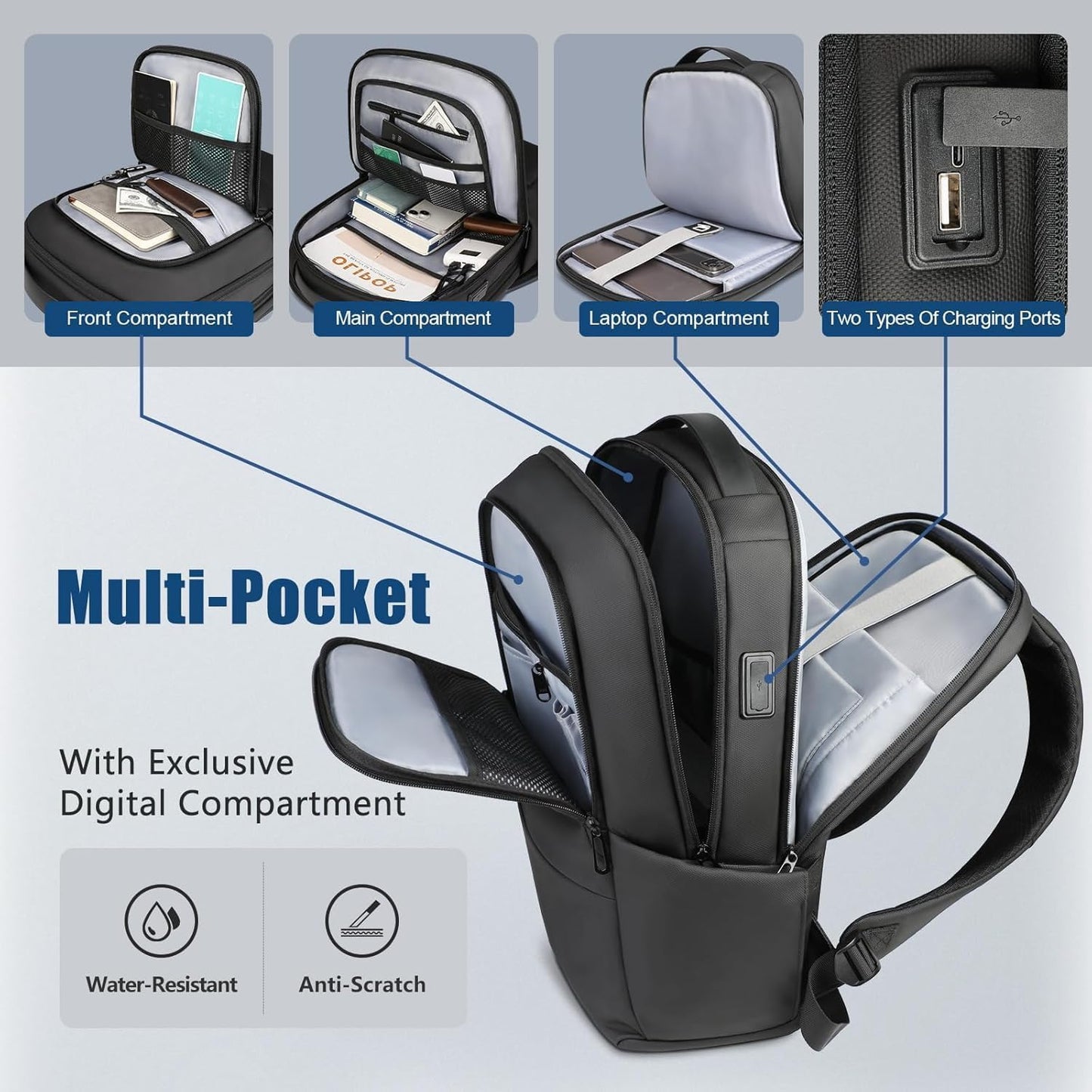 hk Business Laptop Backpack for Men, Water-Resistant Anti-Theft 15.6 Inch Mens Backpacks with USB Charging Port, Lightweight Casual Computer Bag for Travel Office Work College, Black