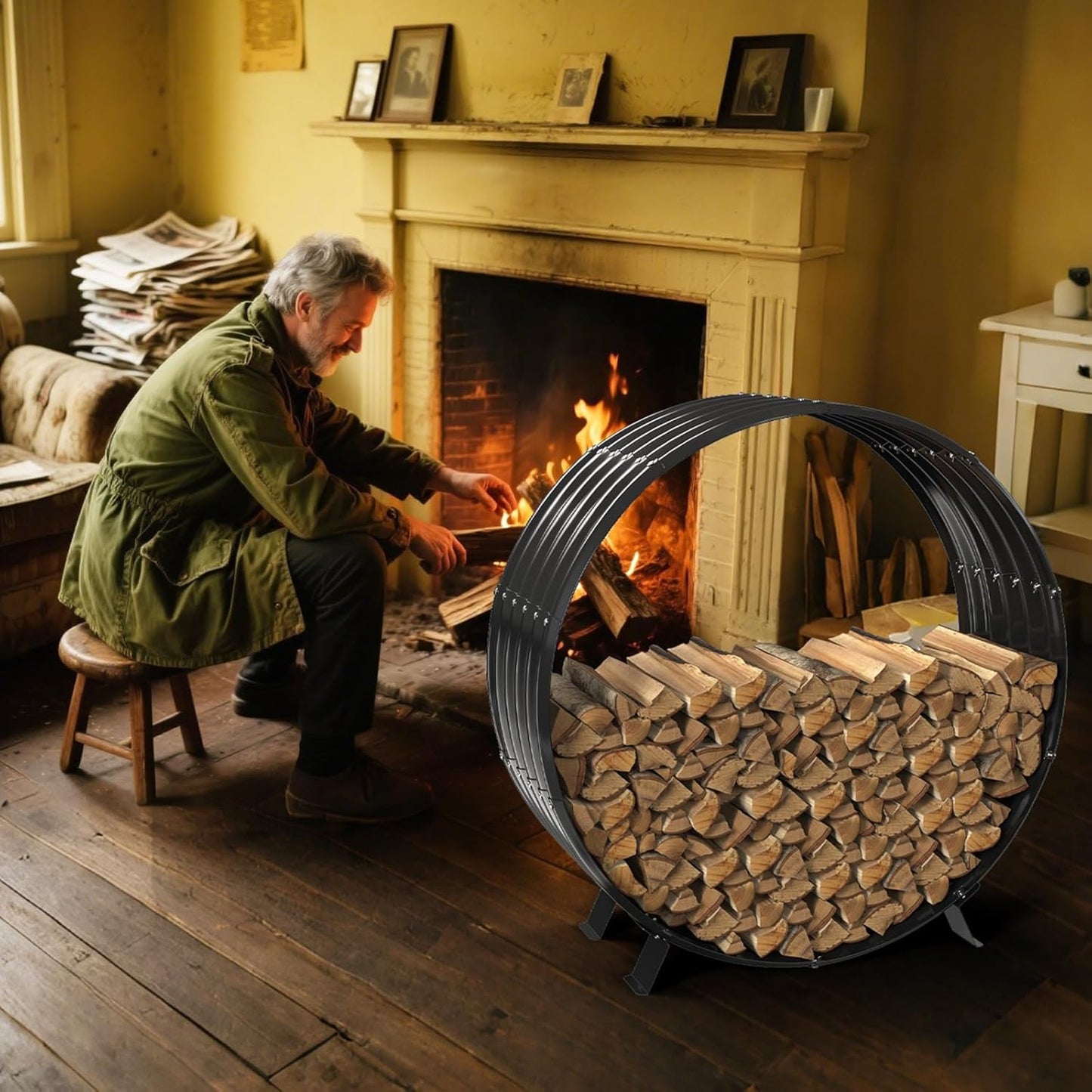 Round Metal Sheet Firewood Rack by Fireplace Indoor/Beside Fire Pit Outdoor-with Metal Legs,Rustproof,Durable & Stylish Firewood Holder (Circle, 40 inches diameter)