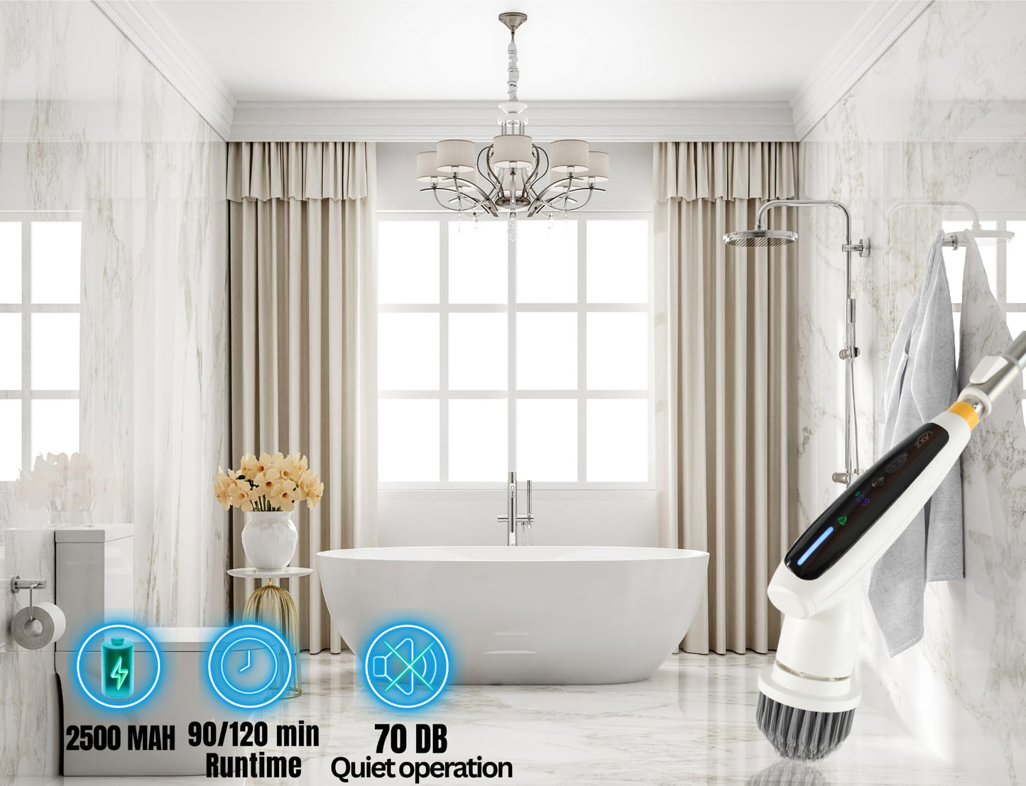 AXZ Electric Spin Scrubber, 2025 New Full-Body IPX7 Waterproof Quite Cordless Bathroom & Kitchen Cleaning Brush with 8 Replaceable Heads, 2 Speeds, Adjustable Handle for Floor, Bathtub, Tiles (White)